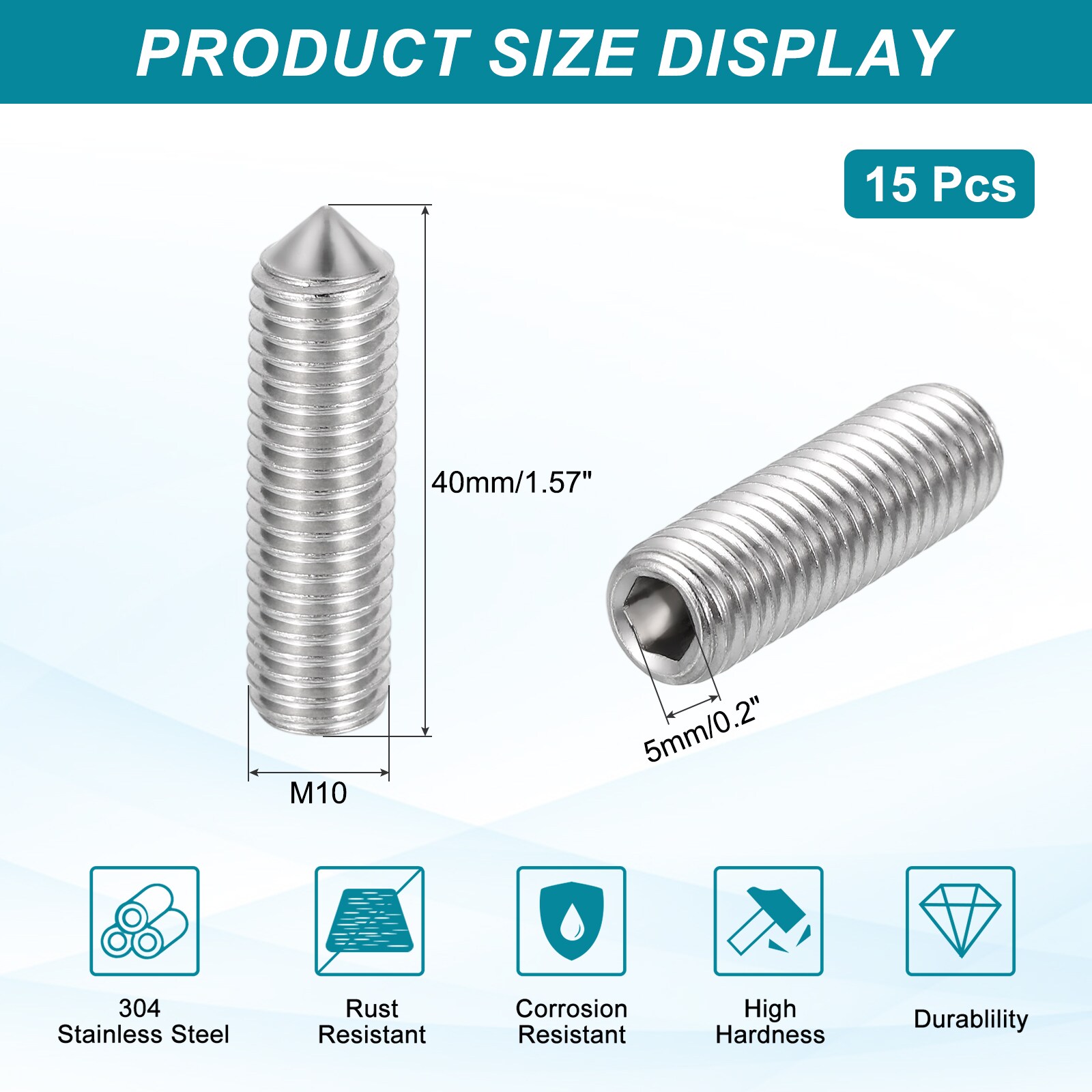 Unique Bargains 15pcs M10x40mm Cone Point Set Screws 304 Stainless ...
