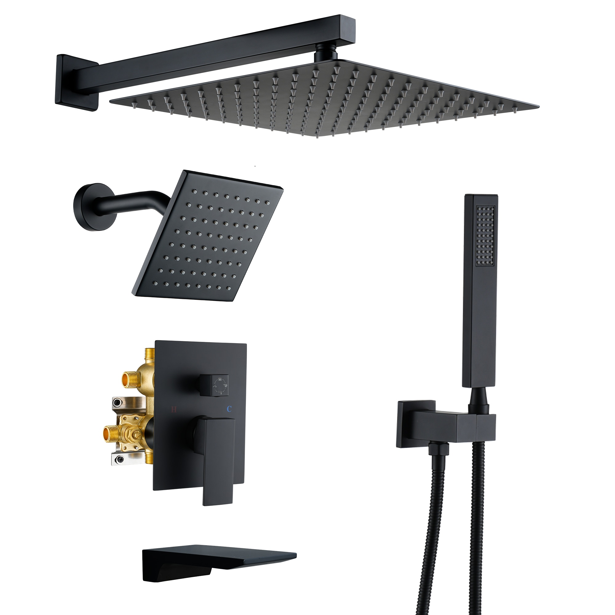 CASAINC OY-98B1202-BN 12-in 4 Function Luxury Dual Shower Faucets System Sets Matte Black 12-in Dual Head Built-In Shower Faucet System with 4-way Diverter ( Pressure-balanced Valve Included )