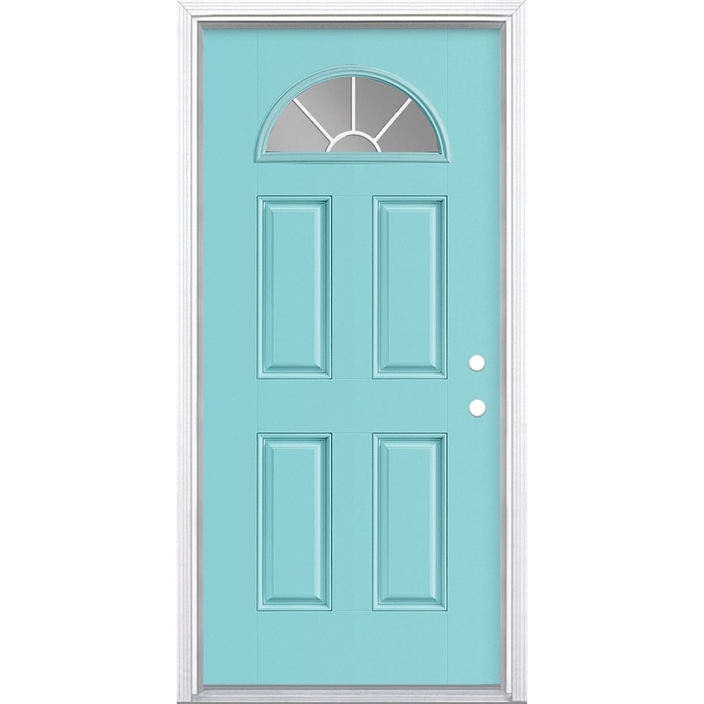 Masonite 1218417 36-in x 80-in x 4-9/16-in Fiberglass 1/4 lite Left-hand inswing Caribbean Blue Painted Prehung Front Door with Brickmould Insulating core with Grilles