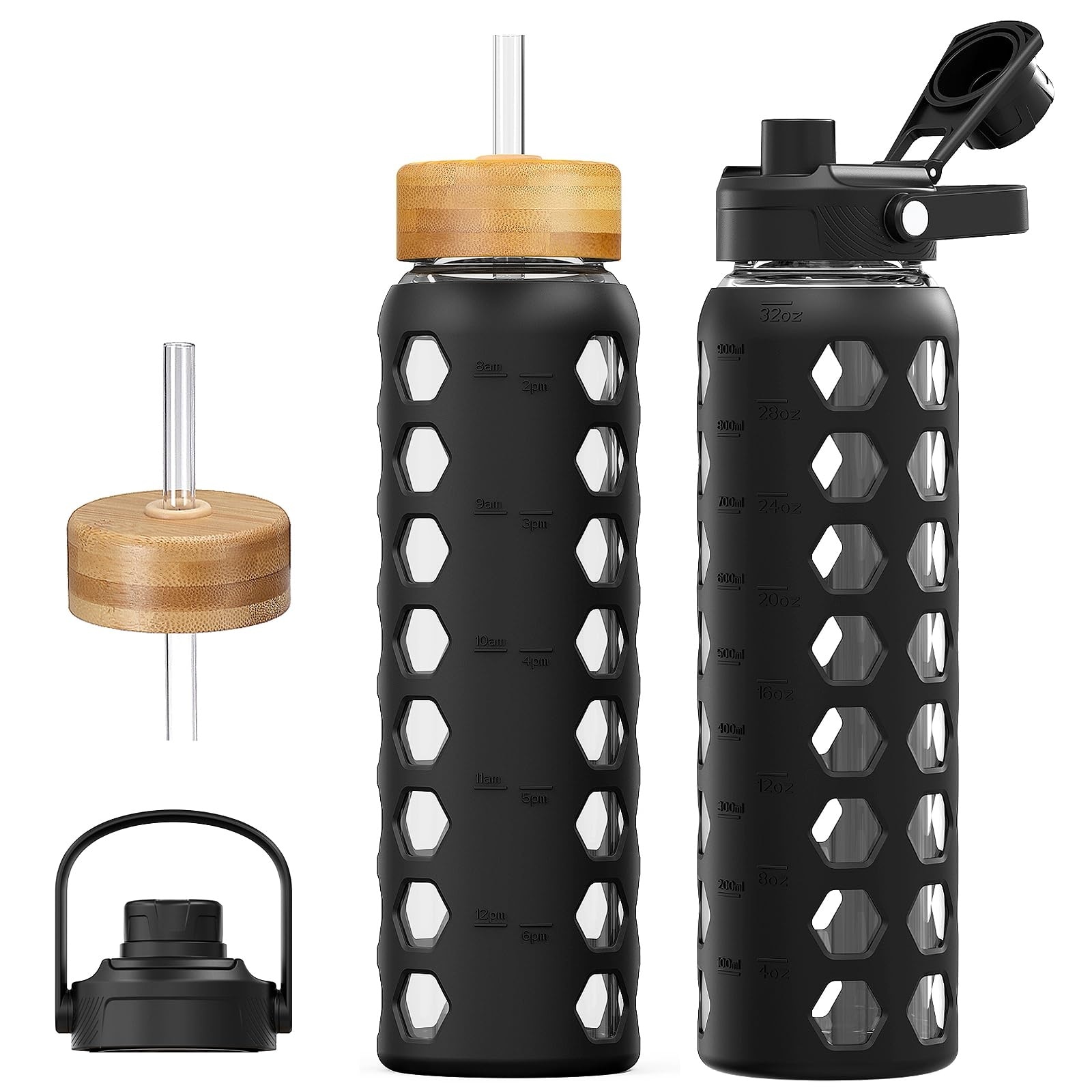 Justincity  32oz Glass Water Bottle with Time Marker Silicone Sleeve 2 Lids Bamboo Straw and Leakproof Spout Handle Wide Mouth Black 1 Pack