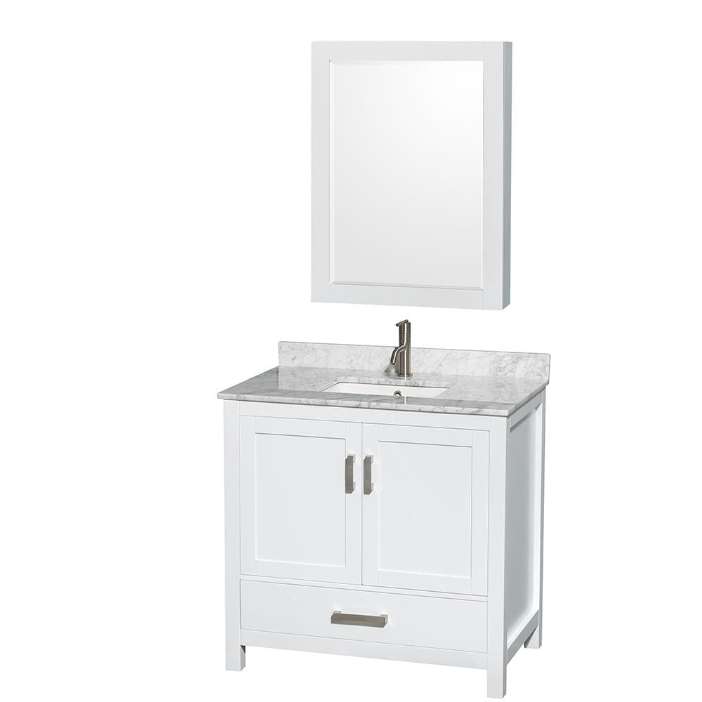 Wyndham Collection WCS141436SWHCMUNSMED Sheffield 36-in White Undermount Single Sink Bathroom Vanity with White Carrara Natural Marble Top (Mirror Included)