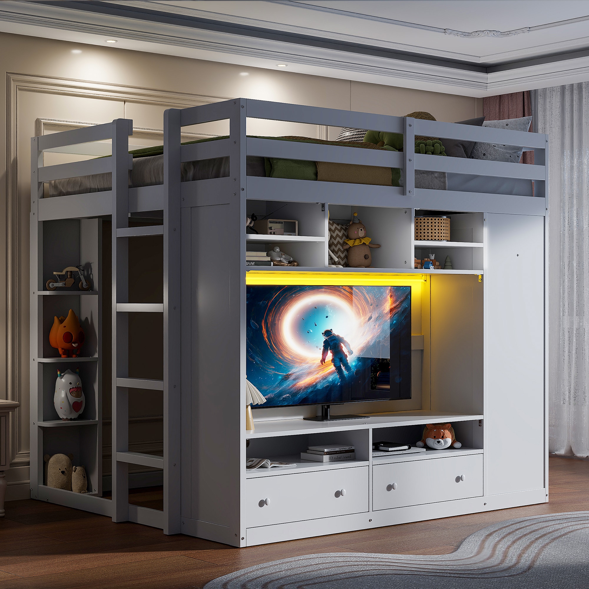 GDFStudio 341795 Arden Full Size Loft Bed with Wardrobe  Drawers  and LED Lighting