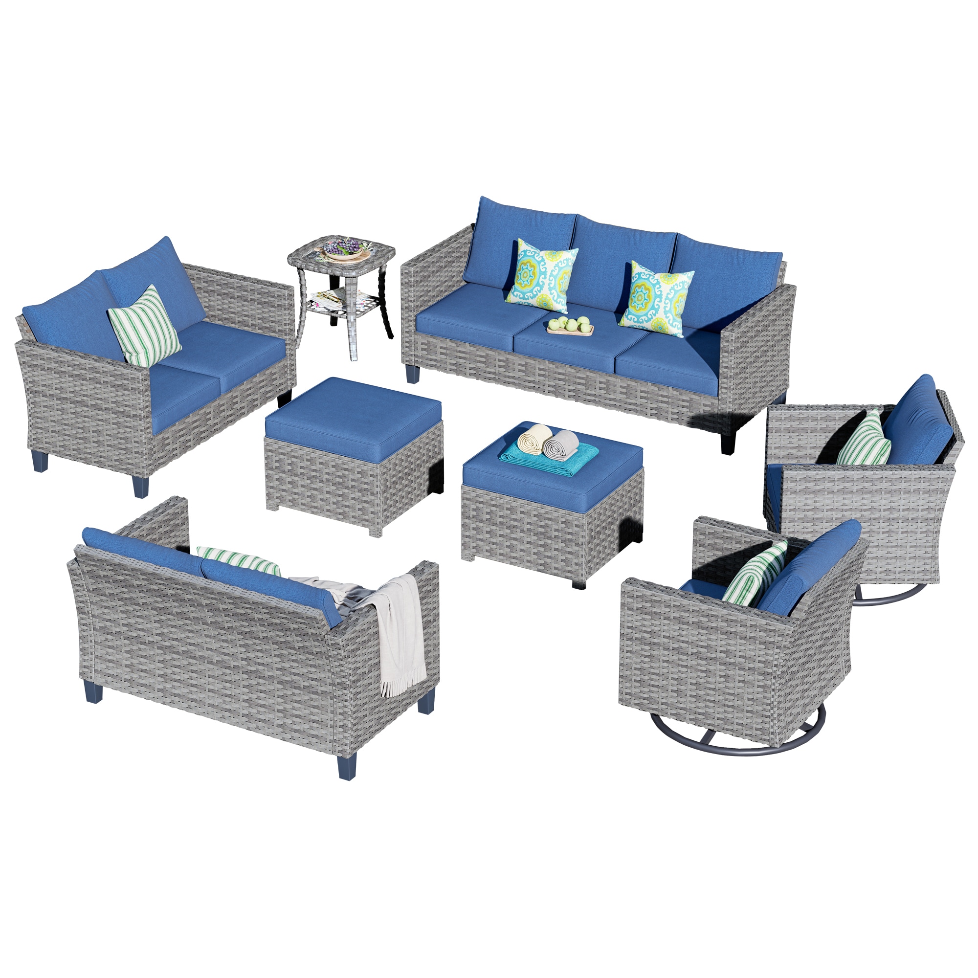 Pouuin SGRS2009 7 -Piece Wicker Patio Sofa Conversation Set with Gray Cushions