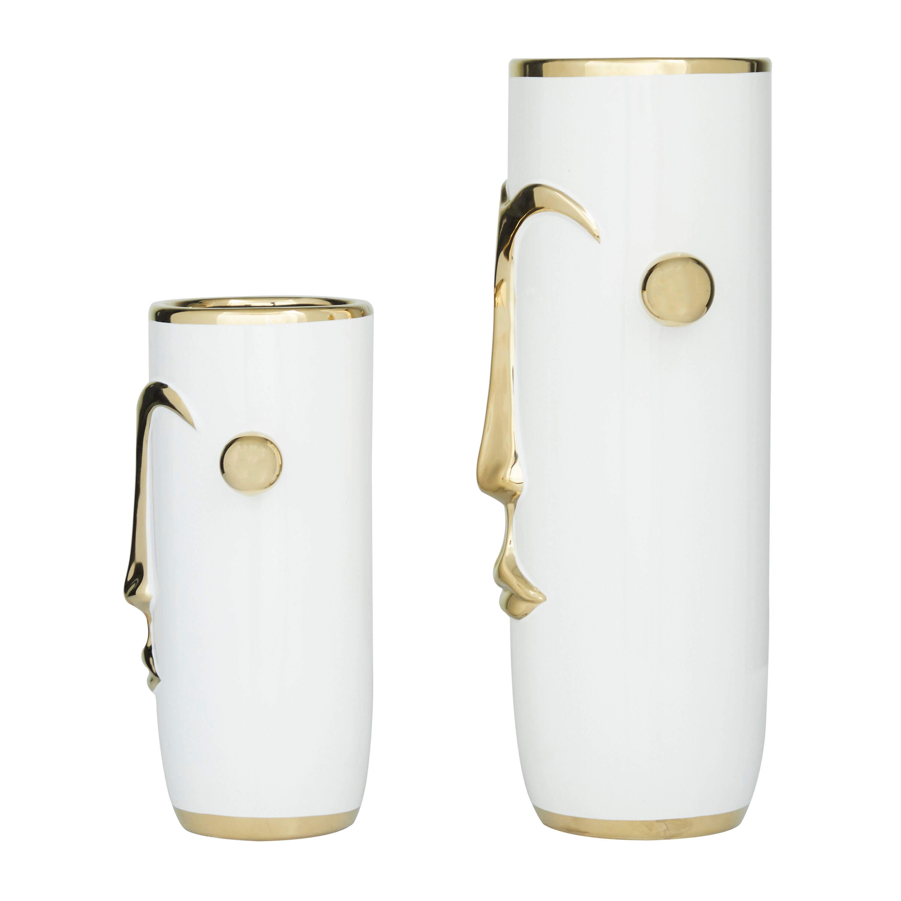 Contemporary White Ceramic Table Vase Set with Gold Accents, 16" and 11"H