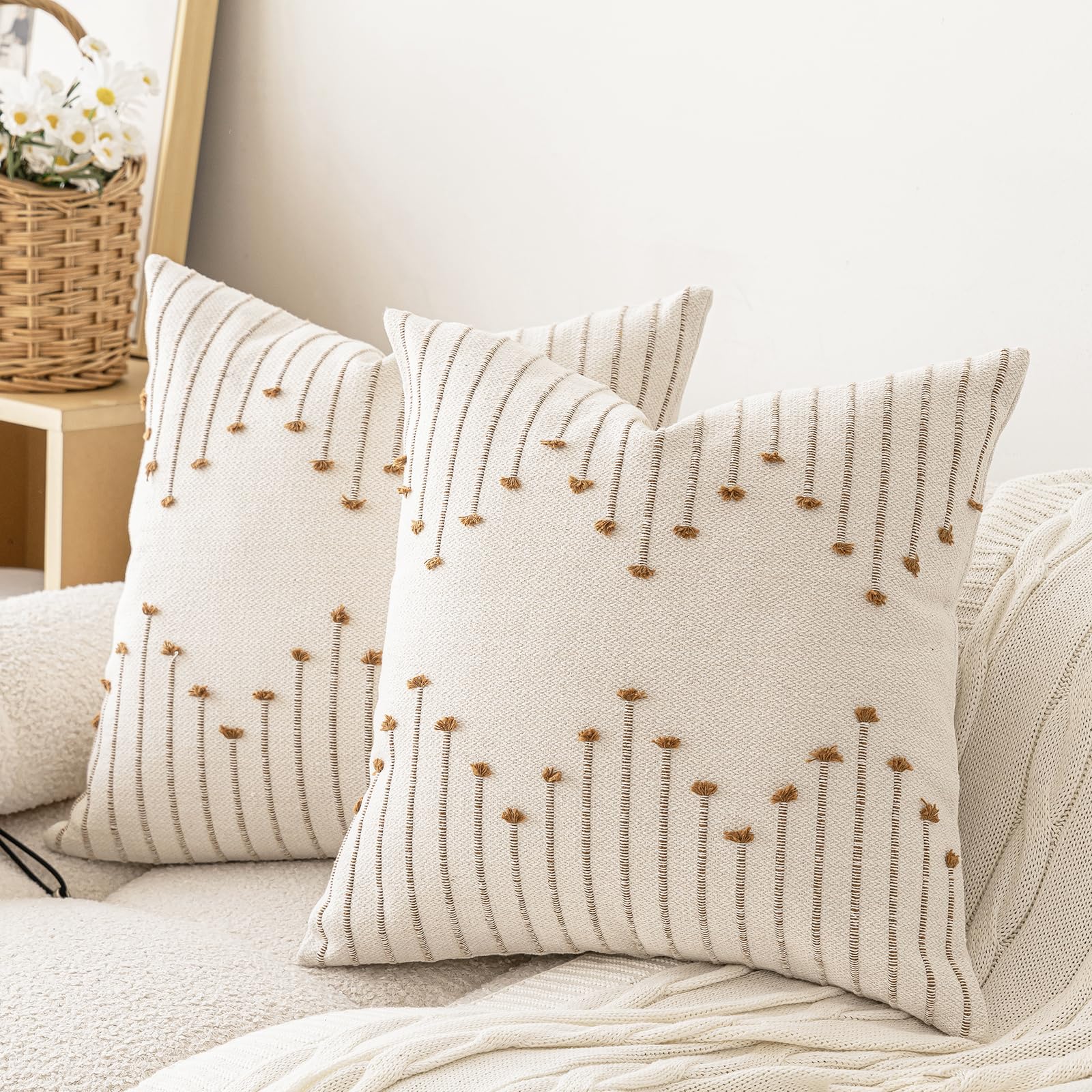 Phewnyzo Boho Throw Pillow Covers Set of 2 Neutral Textured Cushion Cases 18x18 Farmhouse Style Square Pillow Covers for Sofa Couch Living Room #LPW0821W578