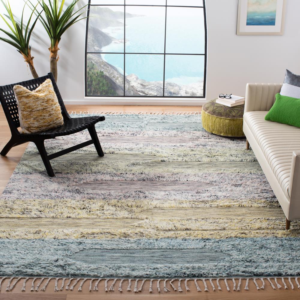 Handmade Blue and Pink Wool Shag Rug 4' x 6'