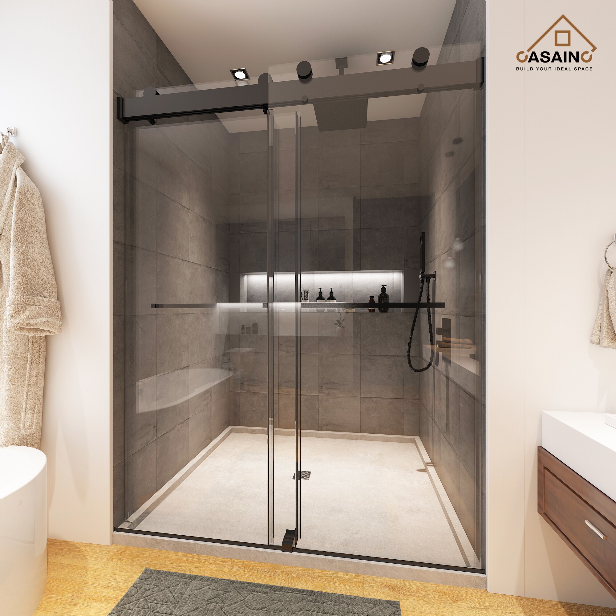 CASAINC CAMB03-60 Sliding Frameless Shower Door Matte Black 60-in W x 76-Inches H Frameless Standard Sliding Shower door 3/8-in Thick Clear Glass