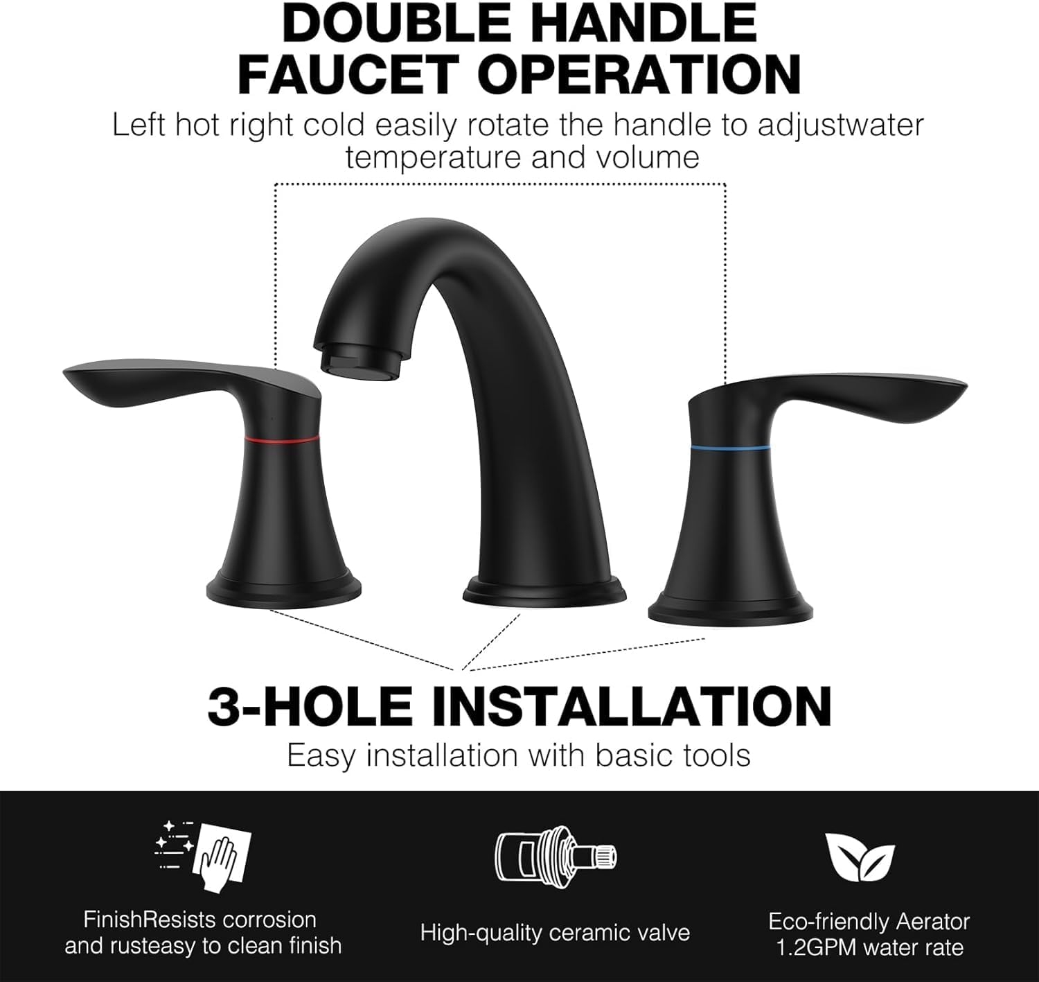 Qeetex DHZ-PHO-0X3LR1F9 Bathroom Faucet 3 Hole 8 inch Widespread Bathroom Faucets for Sink 3 Hole Brushed Nickel with Pop-Up Drain CUPC Hose Water Supply Lines-Matt Black 2pcs