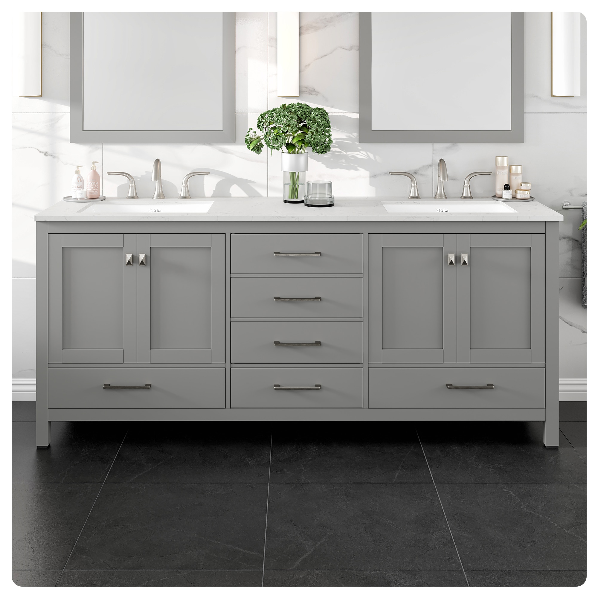 Eviva EVVN412-78GR-Q Aberdeen 78-in Gray Undermount Double Sink Bathroom Vanity with White Quartz Top
