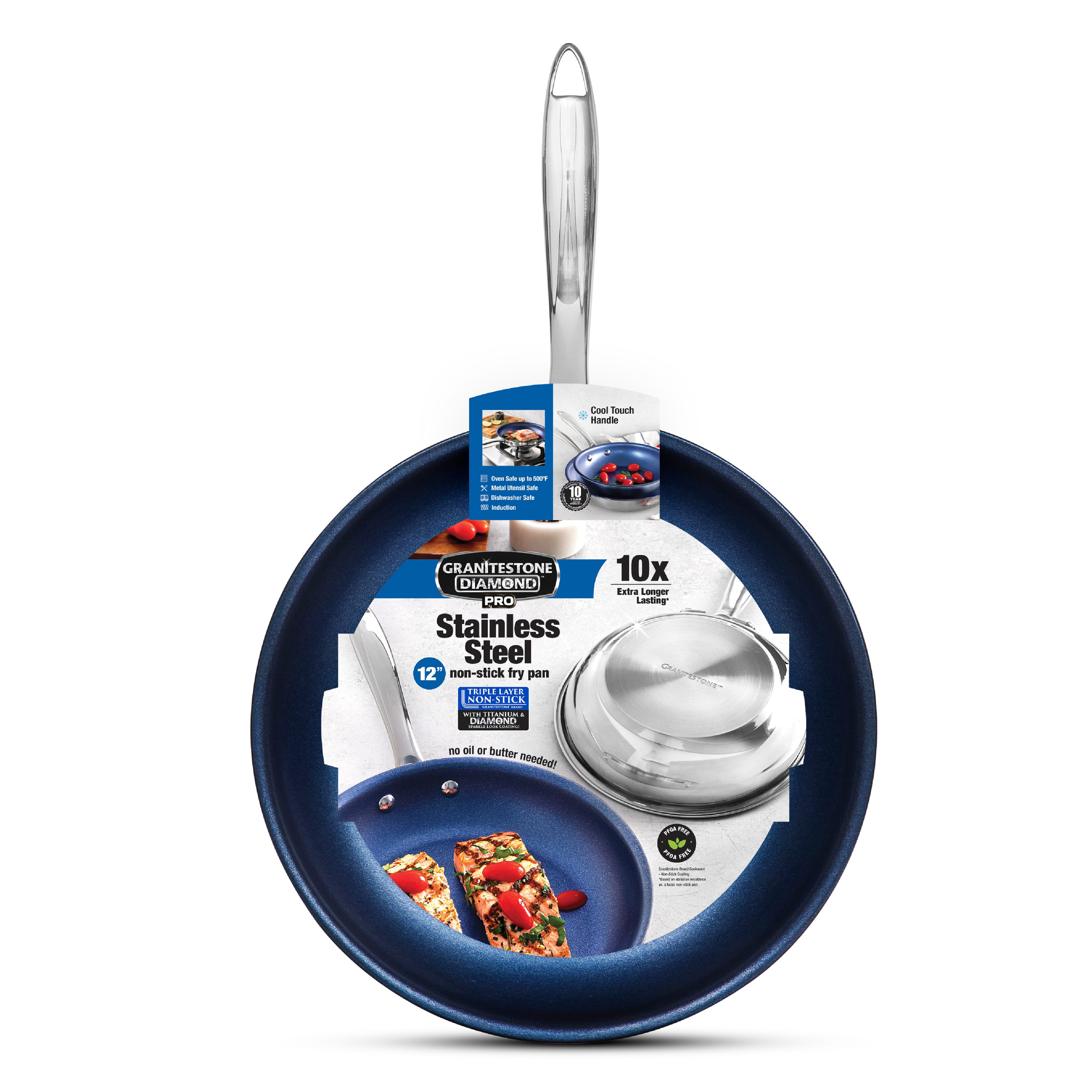  Granitestone 10 Inch Stainless Steel Non Stick Frying Pan,  Blue, Induction/Oven/Dishwasher Safe : Patio, Lawn & Garden