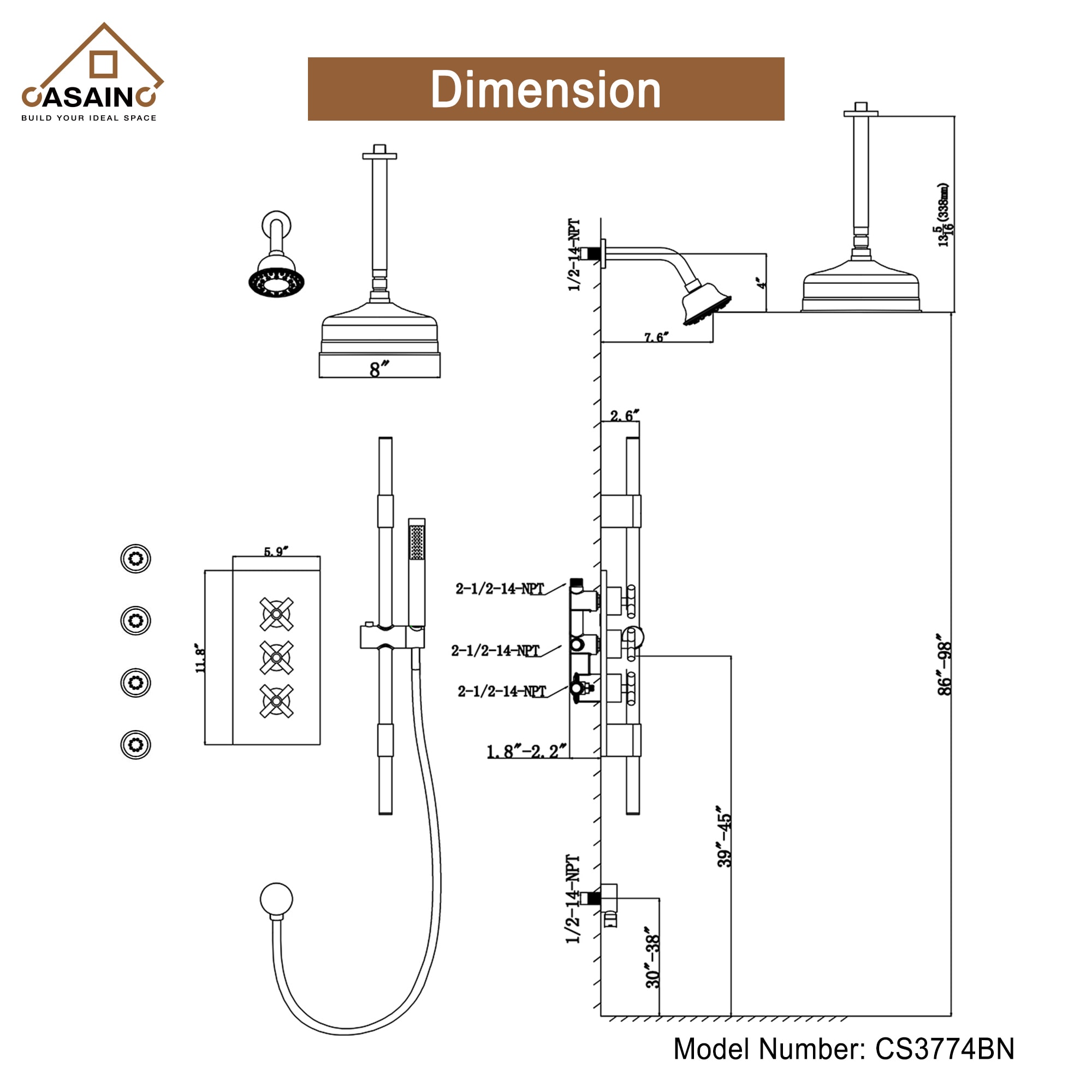 CASAINC WE-SS27MB Showerhead-Bar-Panels - View #7