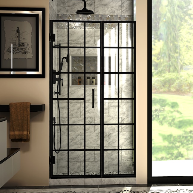 DreamLine Unidoor Toulon 40-in to 40-1/2-in W x 72-in H Frameless Hinged  Satin Black Alcove Shower Door (Clear Glass) in the Shower Doors department  at Lowes.com