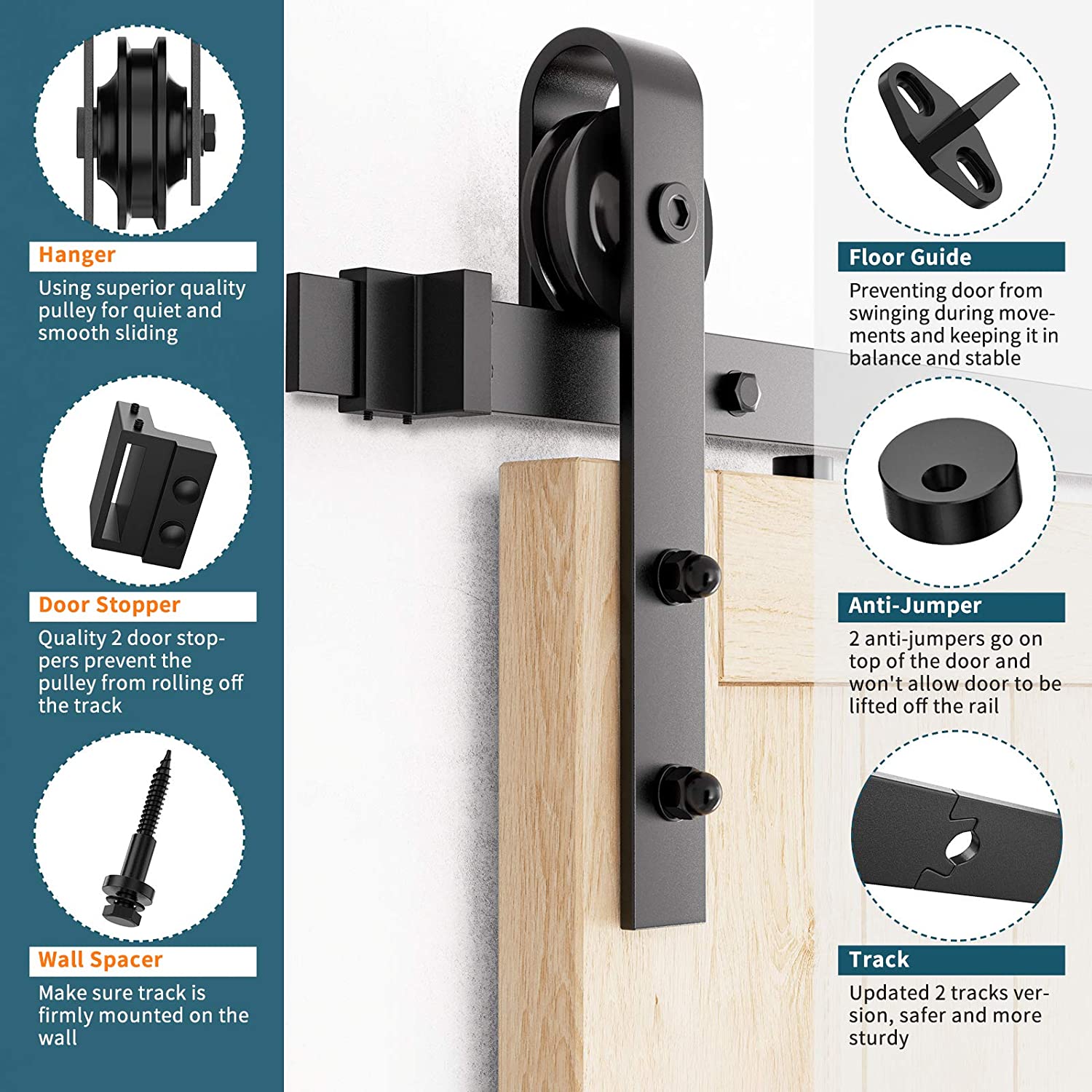 Boyel Living 8 ft./96 in. Black for Double Doors Steel Sliding Barn Door Track and Hardware Kit with 12 in. Round Handle Set