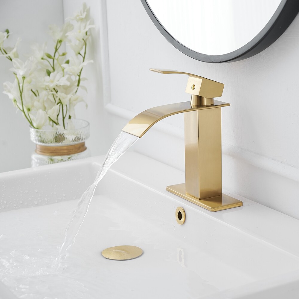 Brushed Gold Single Handle Low-Arc Bathroom Faucet with Drain