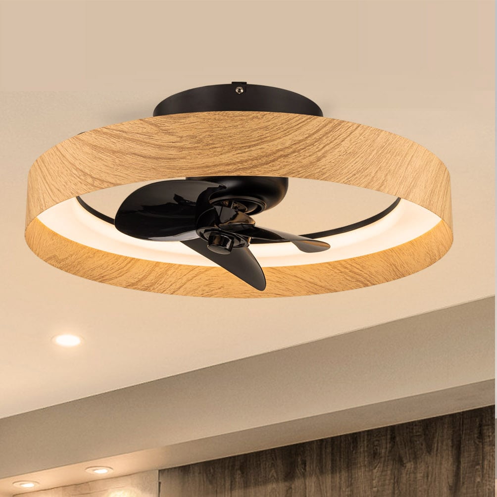 C Cattleya LCA2369-CF 22.75-in Color-Changing Integrated LED Flush Mount Black and Woodgrain with Black Blades Ceiling Fan With Light and Remote ( 3 -Blade )