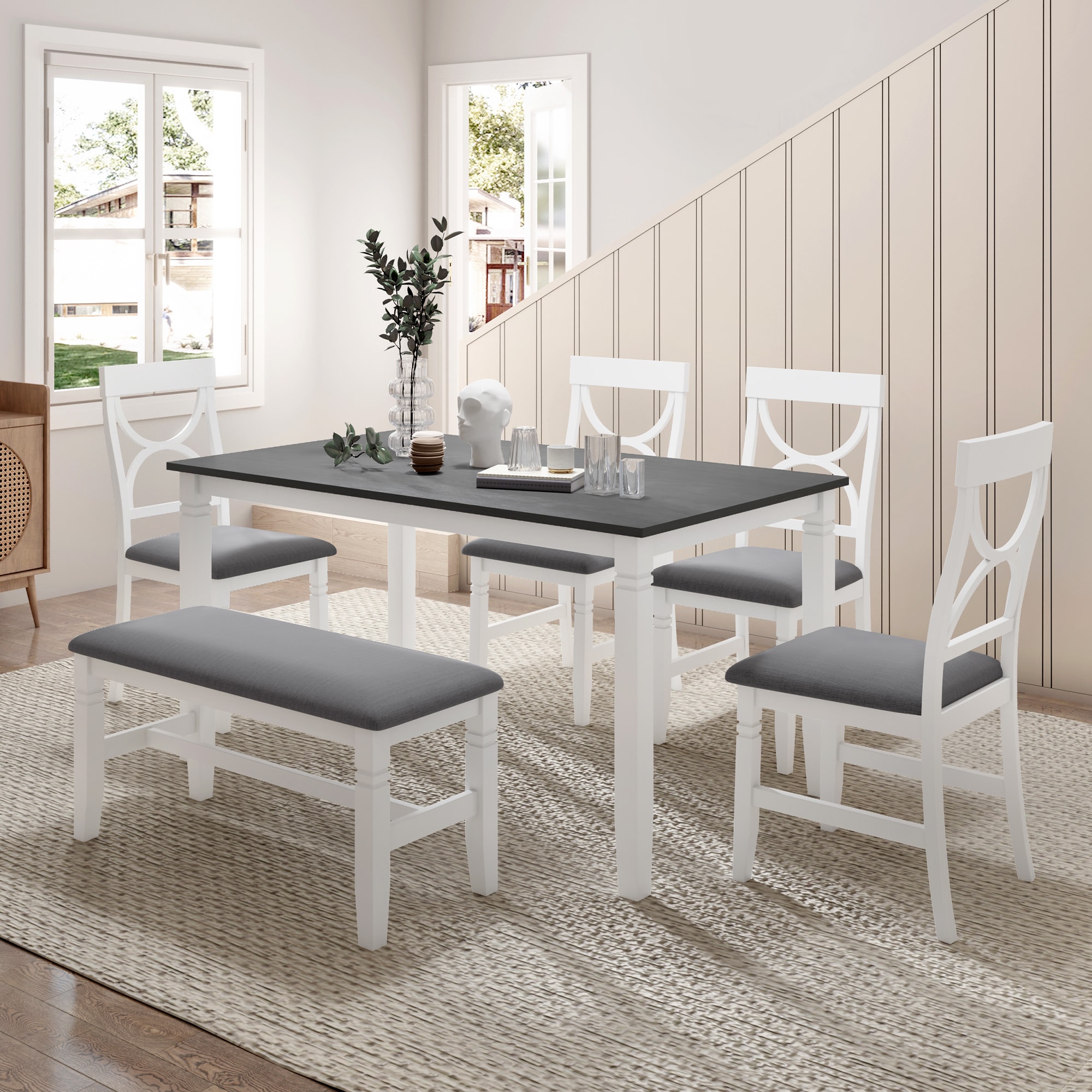 LOVMOR SF-Y-N717S000003K 6 Piece Wood Dining Table Set Kitchen Table Set with Upholstered Bench and 4 Dining Chairs Farmhouse Style Gray and White