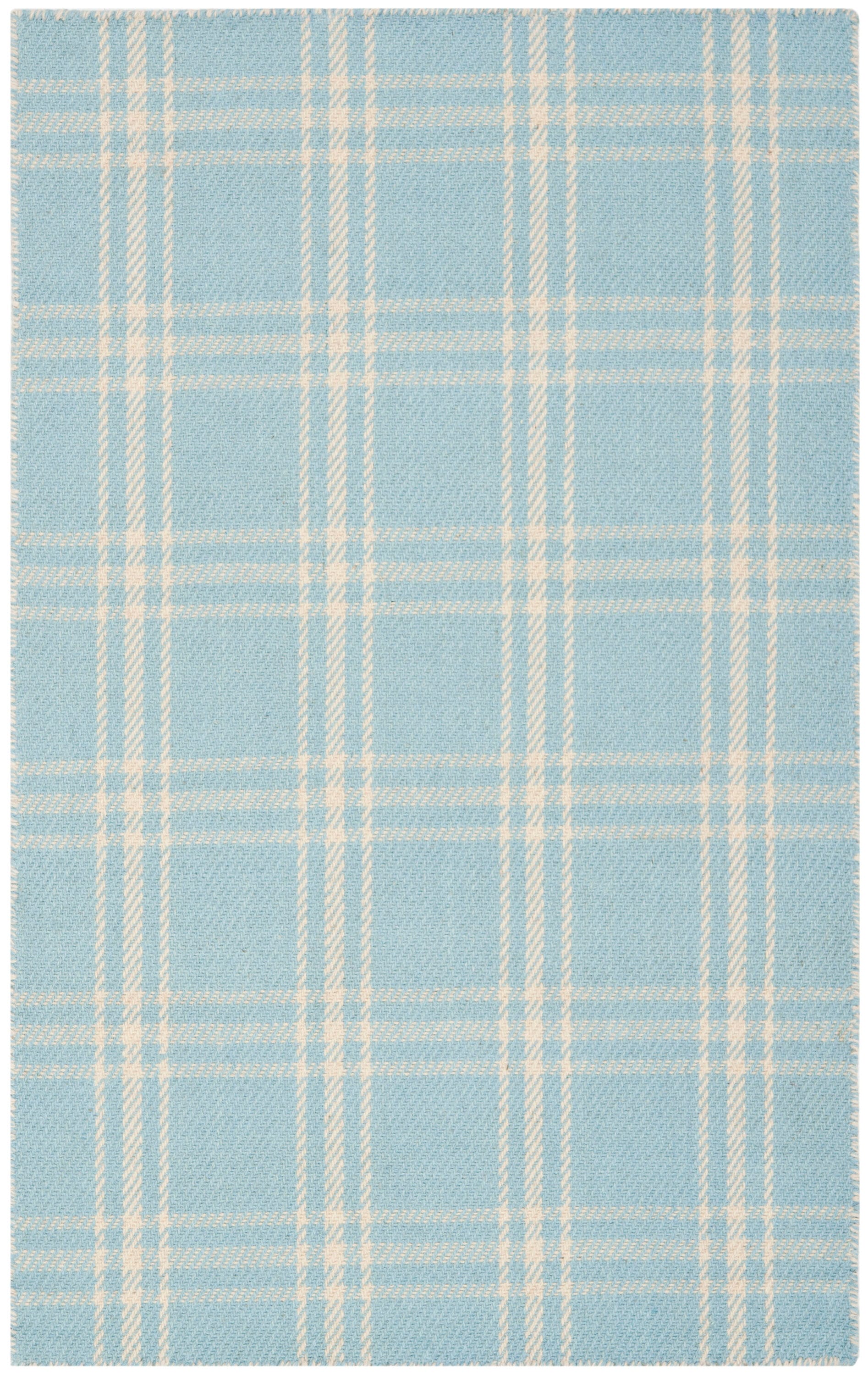 Light Blue Plaid Wool and Cotton Flat Woven Rug