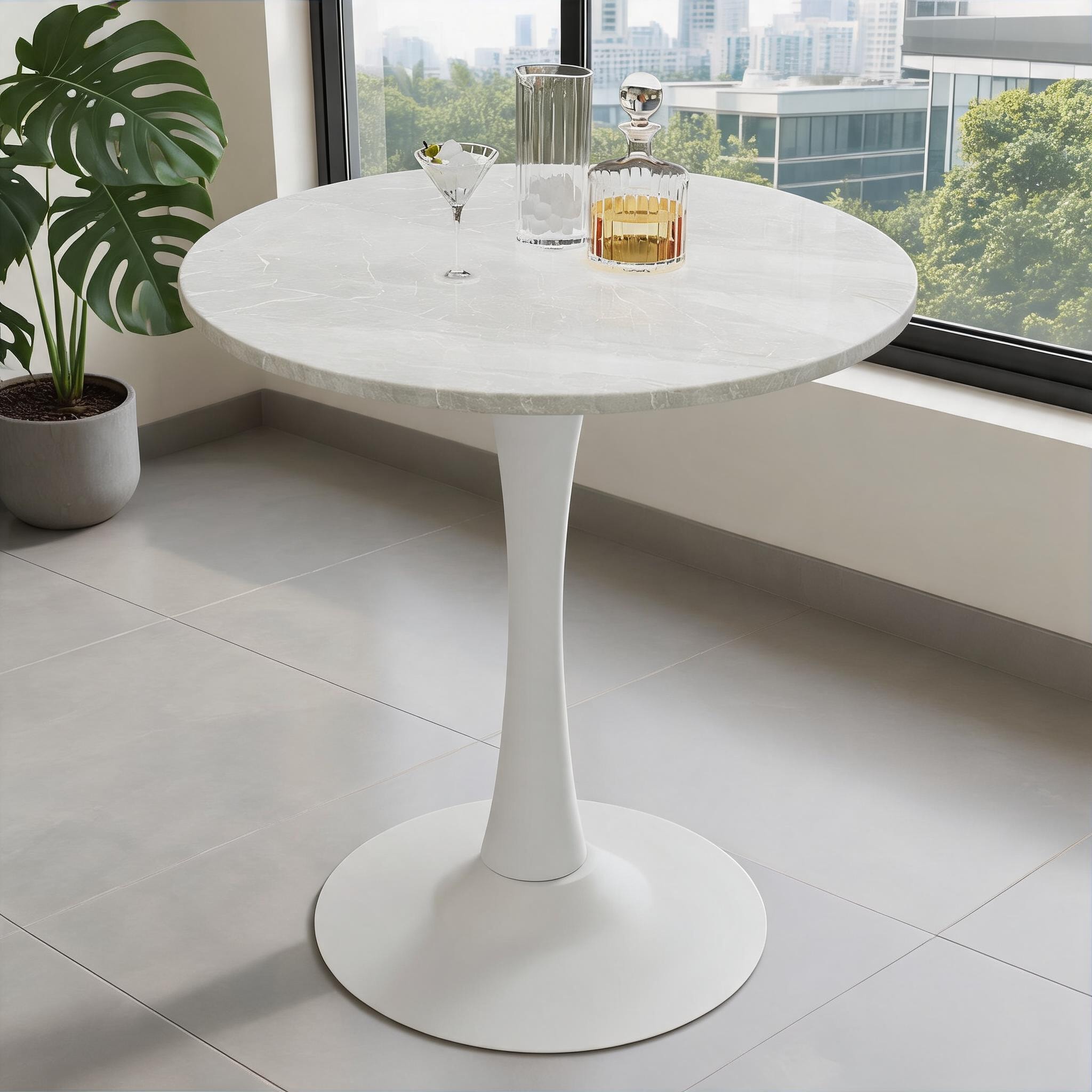 Watnature 2 to 4-Seater 27.6-Inch Round Mid-Century Modern Dining Table White-Toned Marble Top with Iron Pedestal Base #0903UY4RVO4N