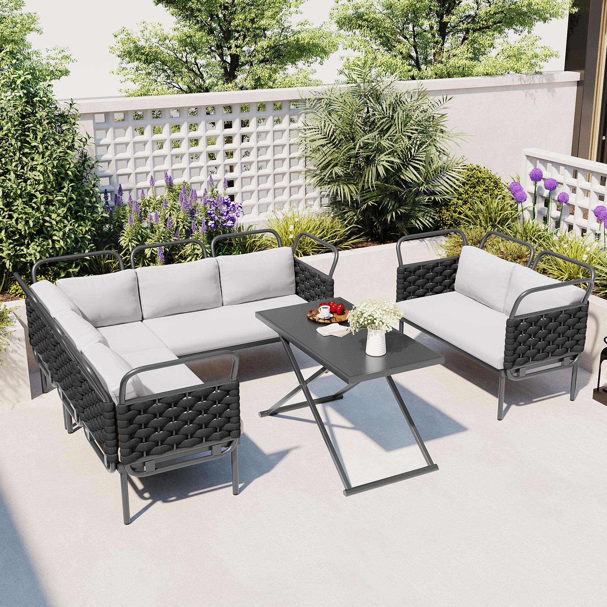 BABOOM BOM-0021AAB-OR Outdoor Woven Rope Furniture Set 5 -Piece Black and gray Woven Patio Dining Set Steel Rectangle Table with 1 Gray Cushions Stationary Chairs