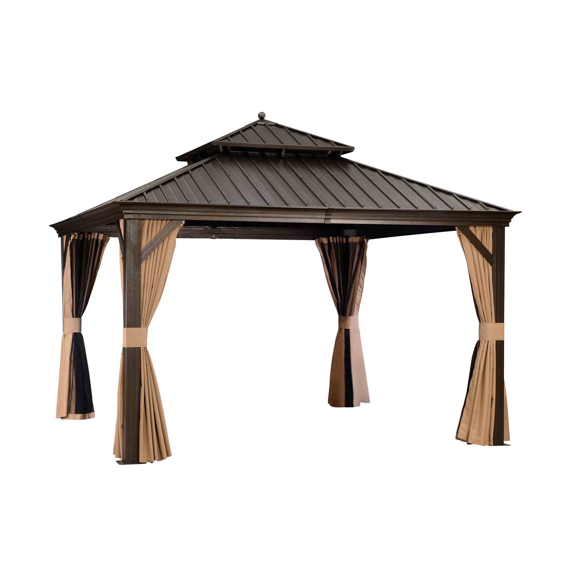 12-ft x 12-ft Brown Aluminum Hardtop Gazebo with Steel Roof and Curtains