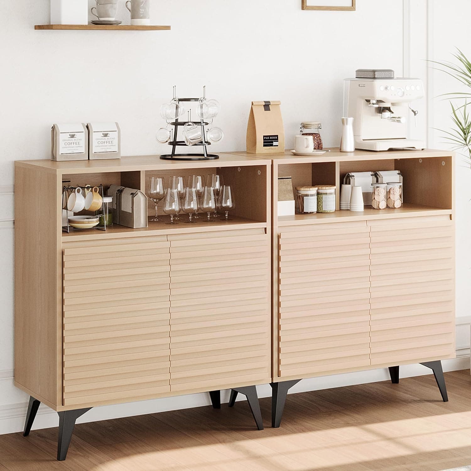 GarveeLife Fluted Storage Cabinet Set of 2 Sideboard Buffet Cabinet with Storage and Adjustable Shelves for Living Room Kitchen