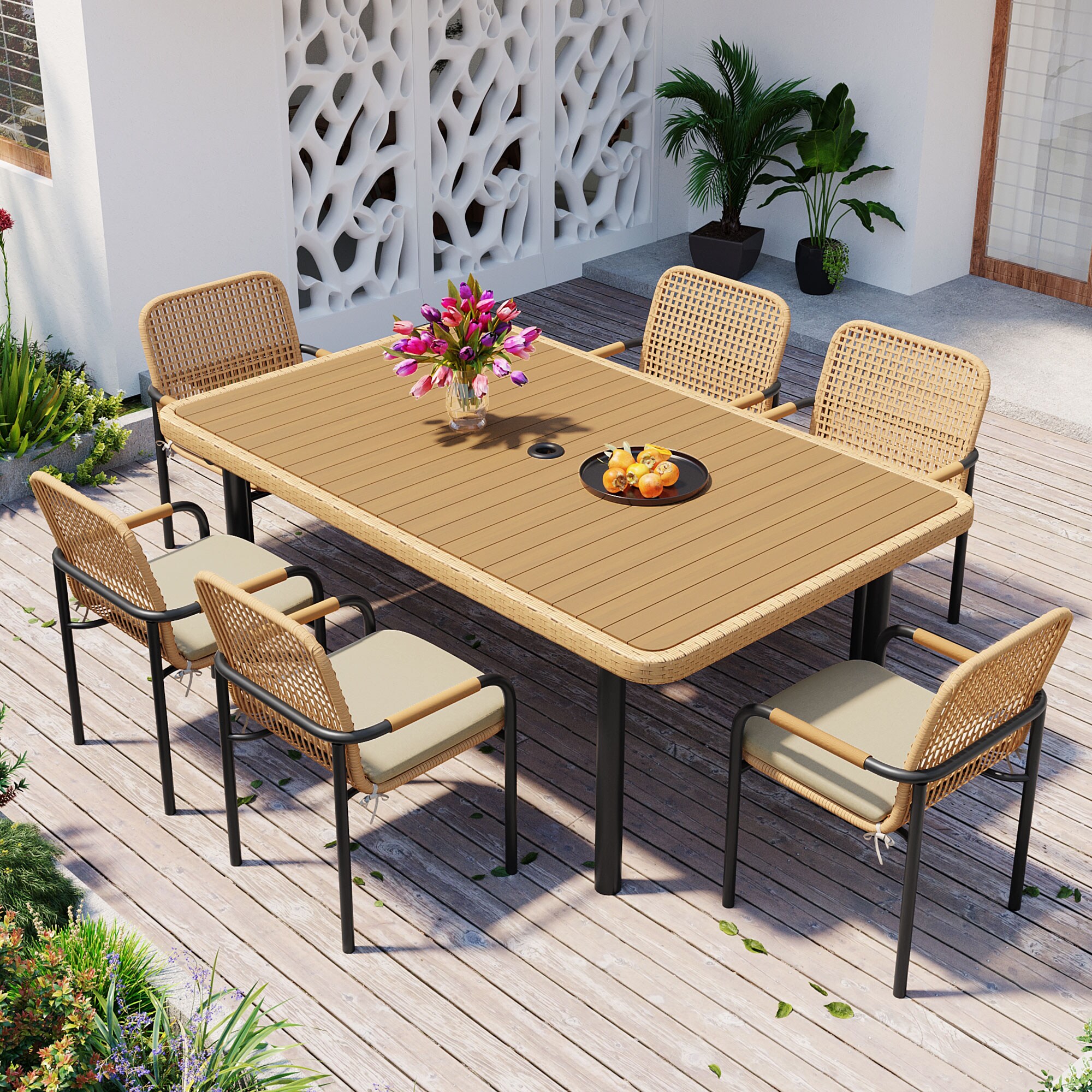 ModernLuxe N704G201248E 7 Pieces Patio Dining Set Outdoor Wicker Furniture Set Plasticwood Table Top with Umbrella Hole Rattan Dining set for Backyard Garden and Poolside Oatmeal Cushions