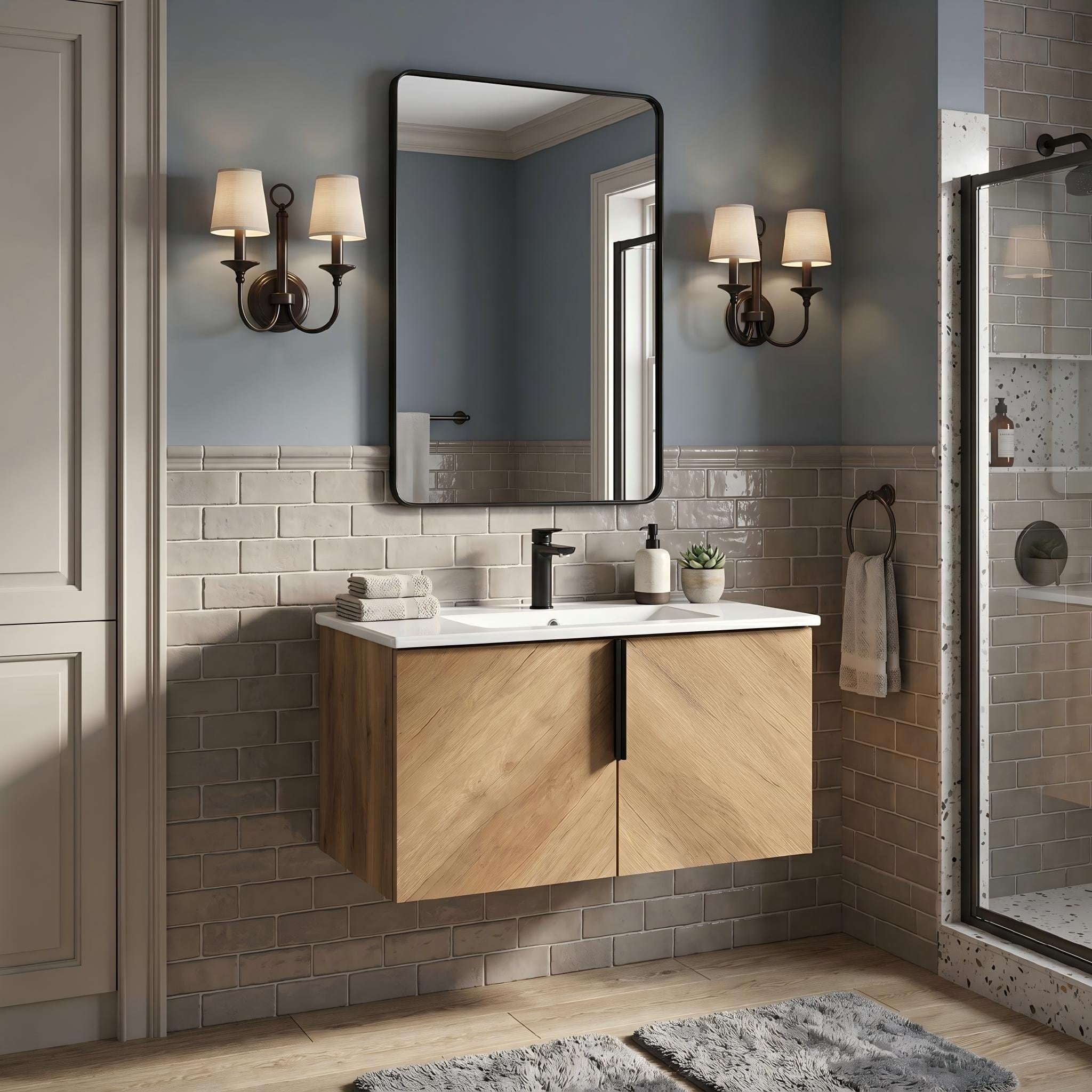 Clihome 36" Wall-Mount Bathroom Vanity Cabinet Floating 36-in Golden Oak Bathroom Vanity Base Cabinet without Top (Assembly Required)
