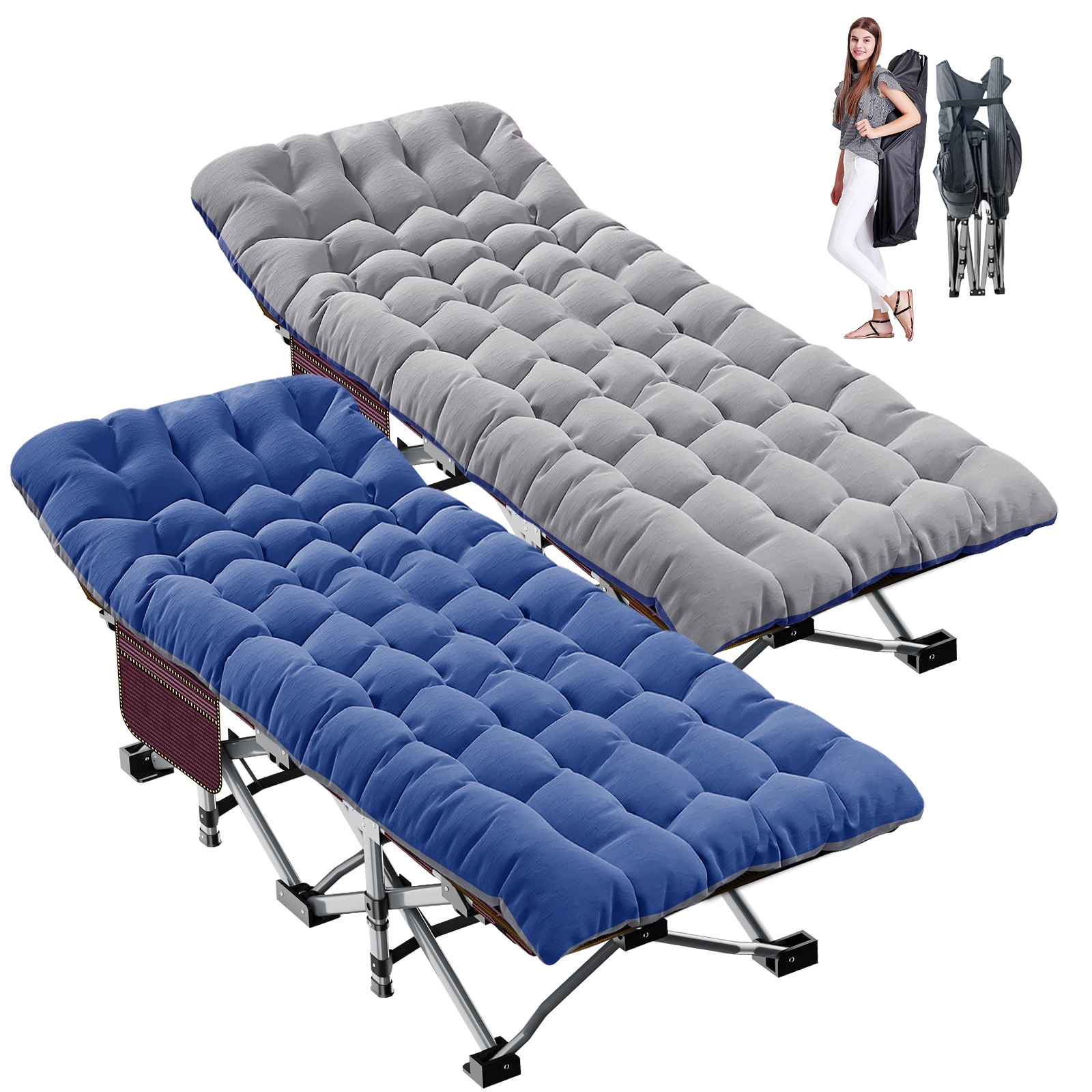 MOONCOOL  2 Pack 28 inch Folding Camping Cot for Adults with Pad Double Sided Dual Color Padded Portable Sleeping Cots Camp Bed with Carry Bag for Outdoor Travel Beach Hiking