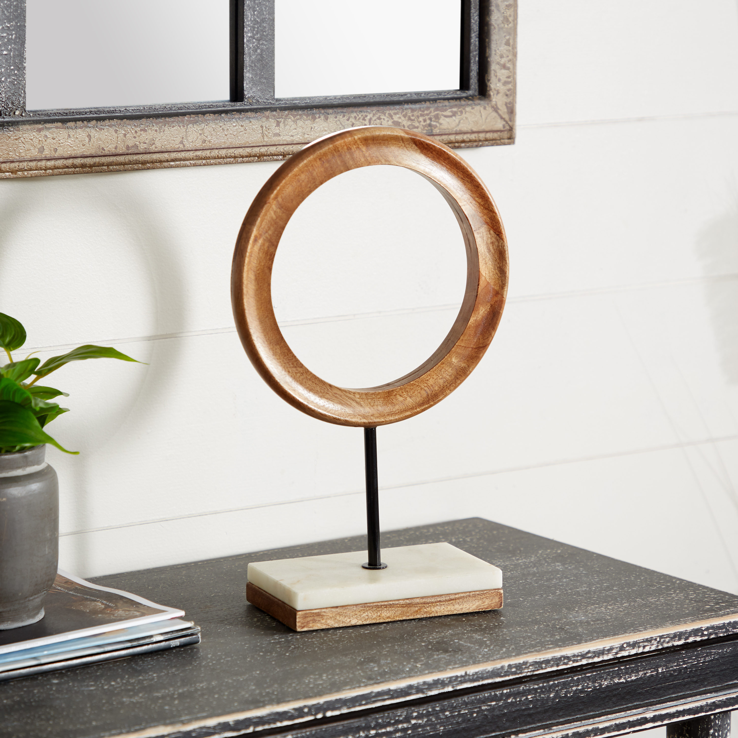 14" Brown Mango Wood Geometric Sculpture with Marble Base