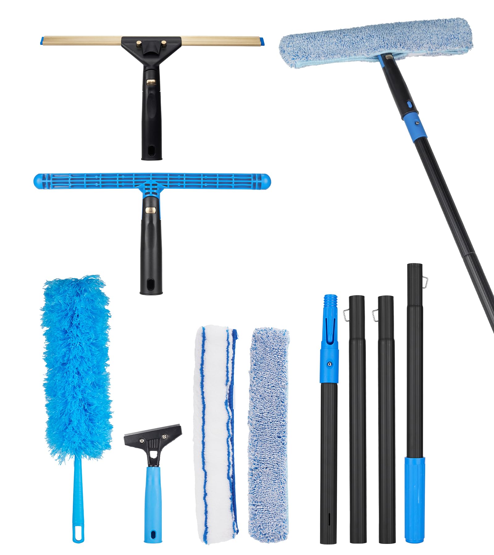 Misopily  Swivel Squeegee Kit with 4 Extension Poles Glass Scraper Bendable Duster and 2 Window Scrubber Cloths for Cleaning High Windows Mirrors