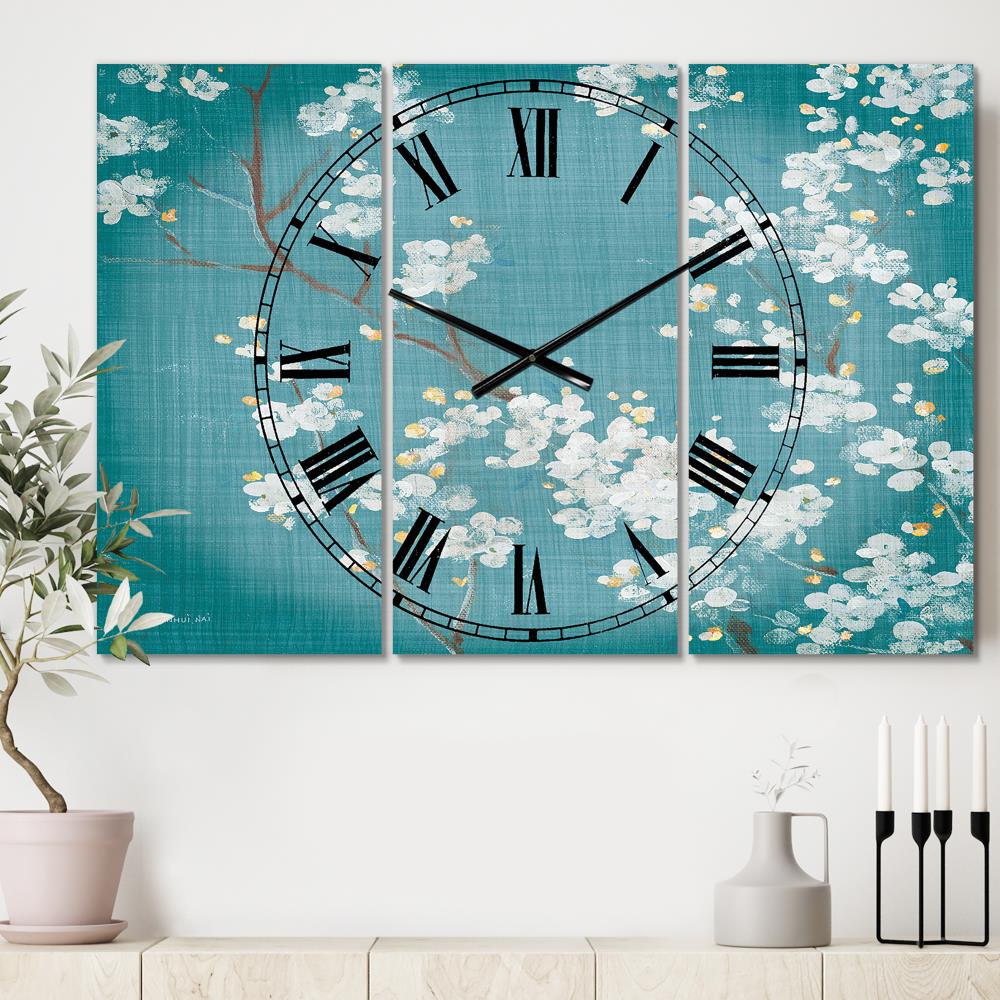 'Blue Cherry Blossoms I' Oversized Metal Indoor Wall Clock - Roman Numerals - Blue - Battery Operated | - Designart CLM30538-3P