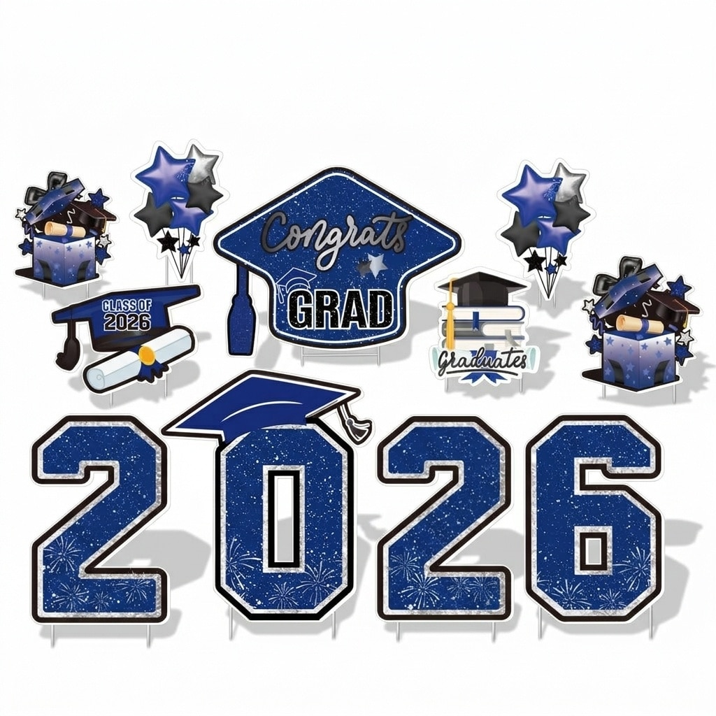 Etokfoks  Black Blue Corrugated Plastic Solar Graduation Yard Sign 11 Pack Outdoor Lawn Class of 2026 Stakes Decoration