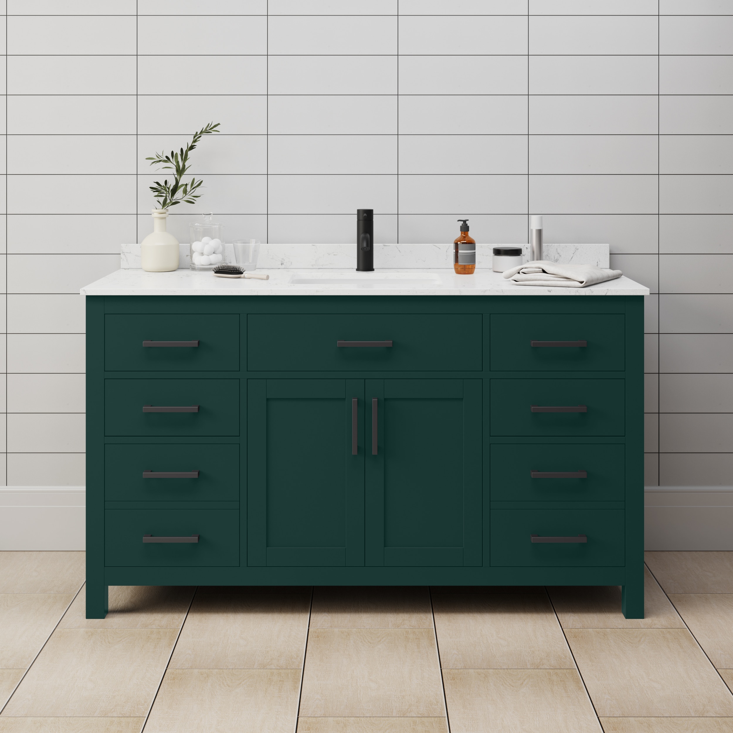 Wyndham Collection WCG242460SGKCCUNSMXX Beckett 60-in Green with Matte Black Trim Undermount Single sink Bathroom Vanity with Carrara Cultured Marble Cultured marble Top