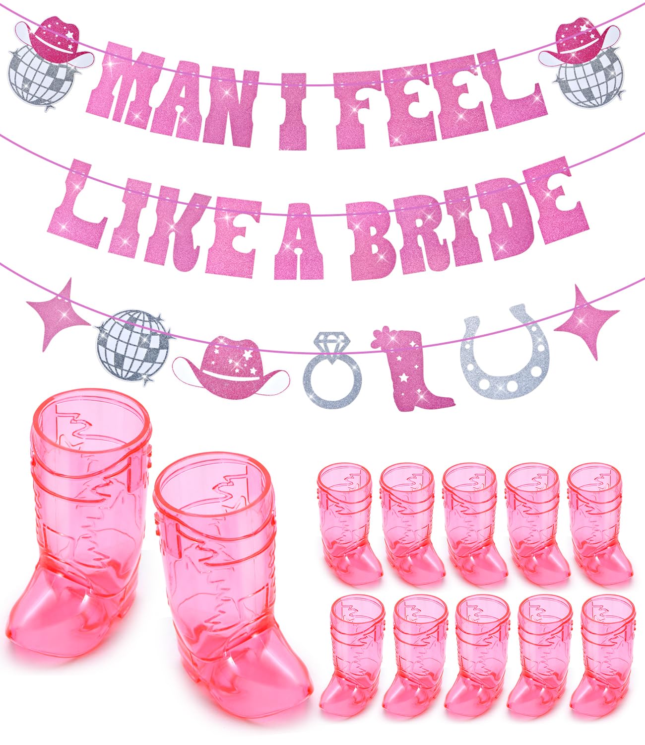 Aoibox  1 oz Pink Bachelorette Party Shot Glasses with Man I Feel Like a Bride Banner Cowgirl Party Set 12 Pack