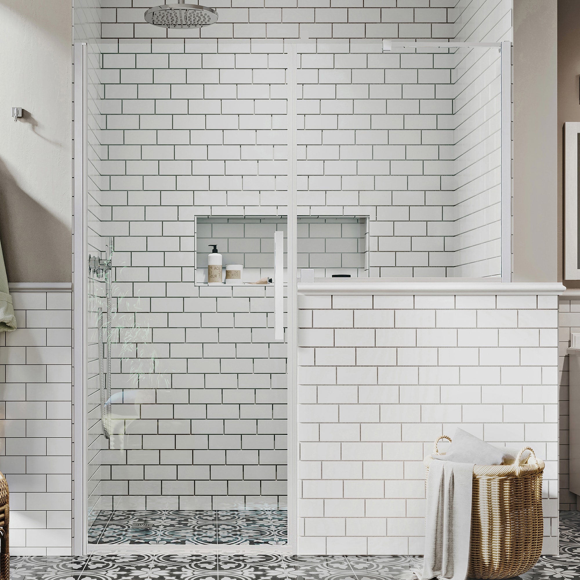 OVE Decors 828796051743 Pasadena Polished chrome 55-1/2-in to 57-7/16-in W x 72-Inches H Frameless Buttress Pivot Shower door 5/16-in Thick Clear Glass