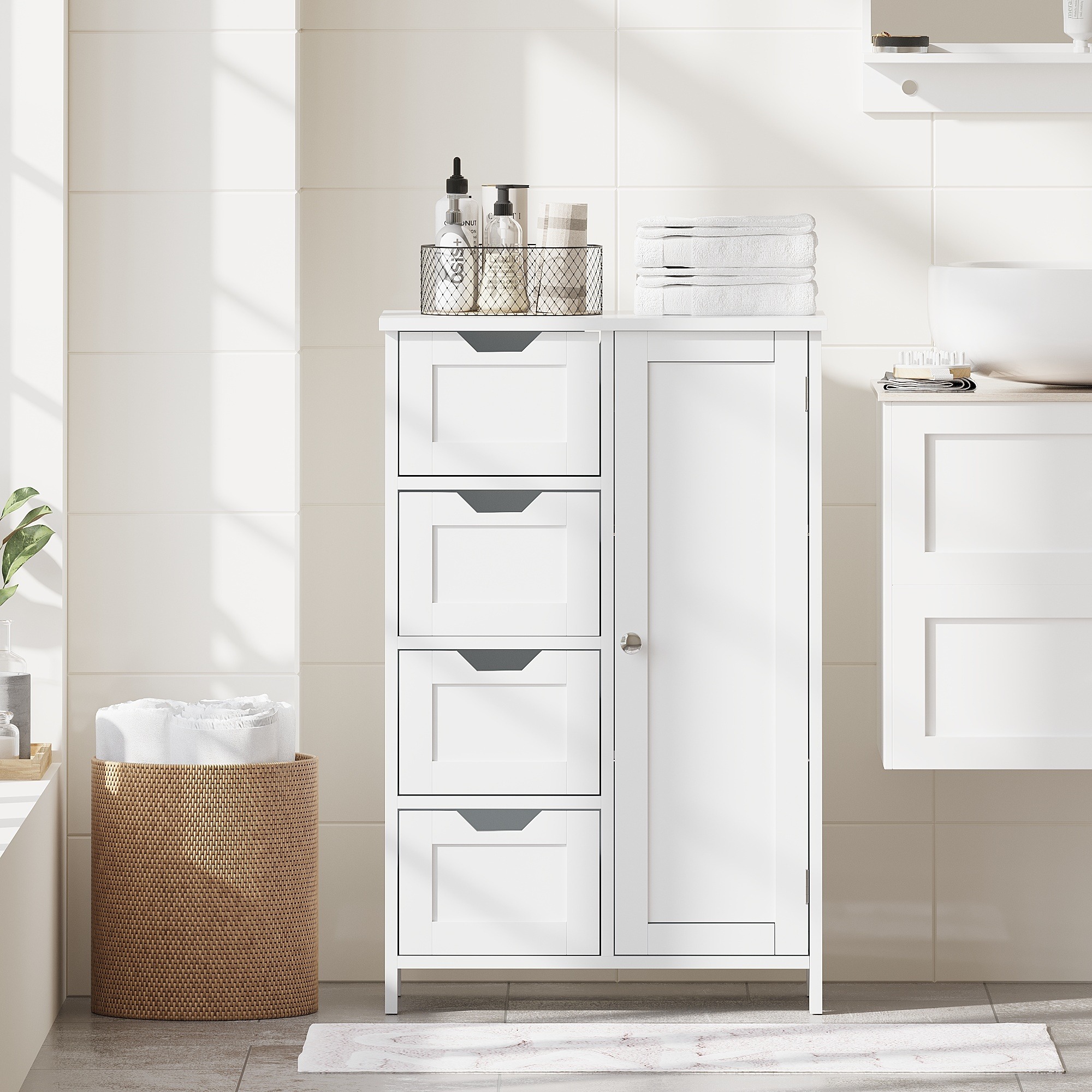 IAK 22 inch x 12 inch x 33 inch White MDF Bathroom Storage Cabinet with 4 Drawers and 1 Door