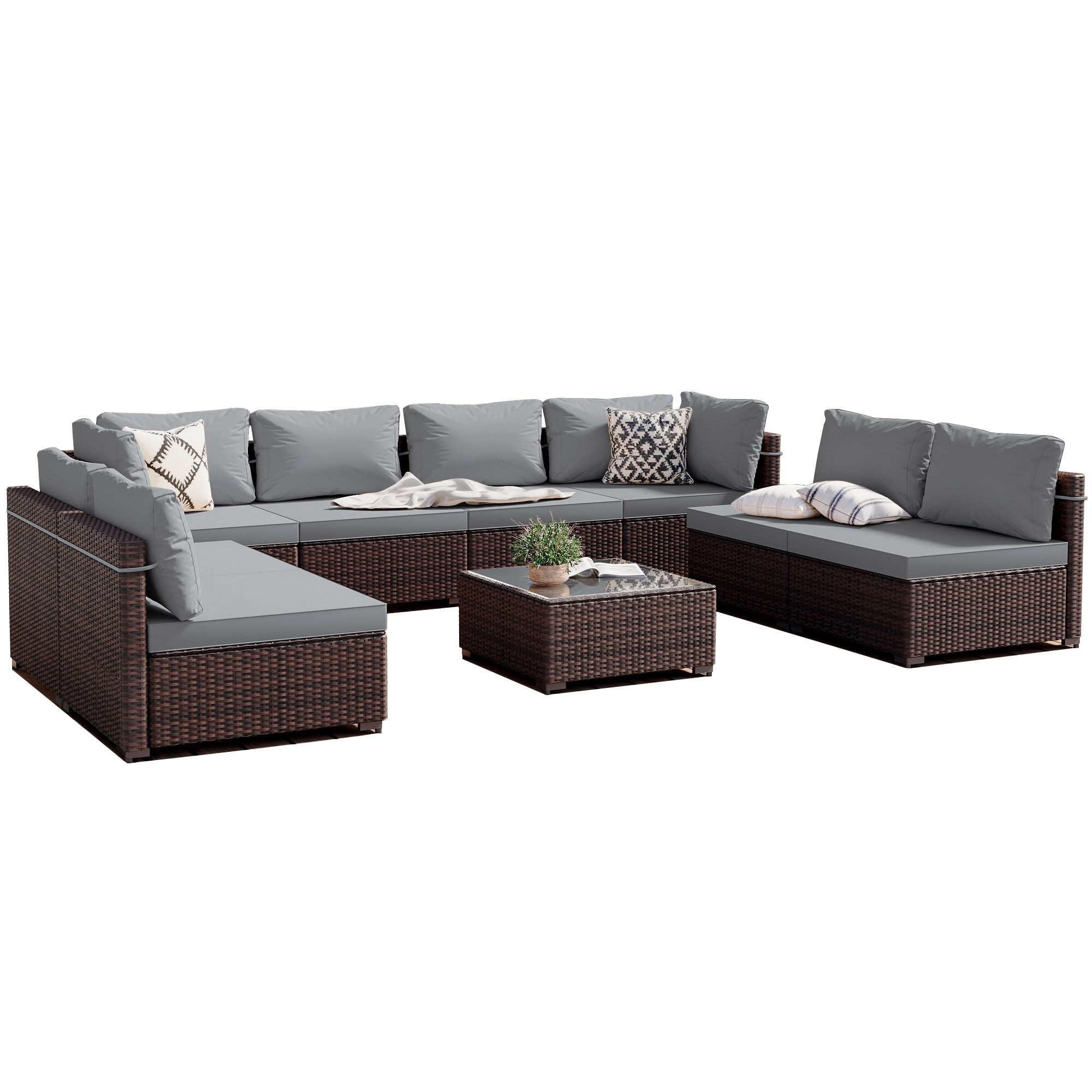 Patio Watcher RT-OD9-B-LGRAY 9 -Piece Wicker Patio Conversation Set with Gray Cushions