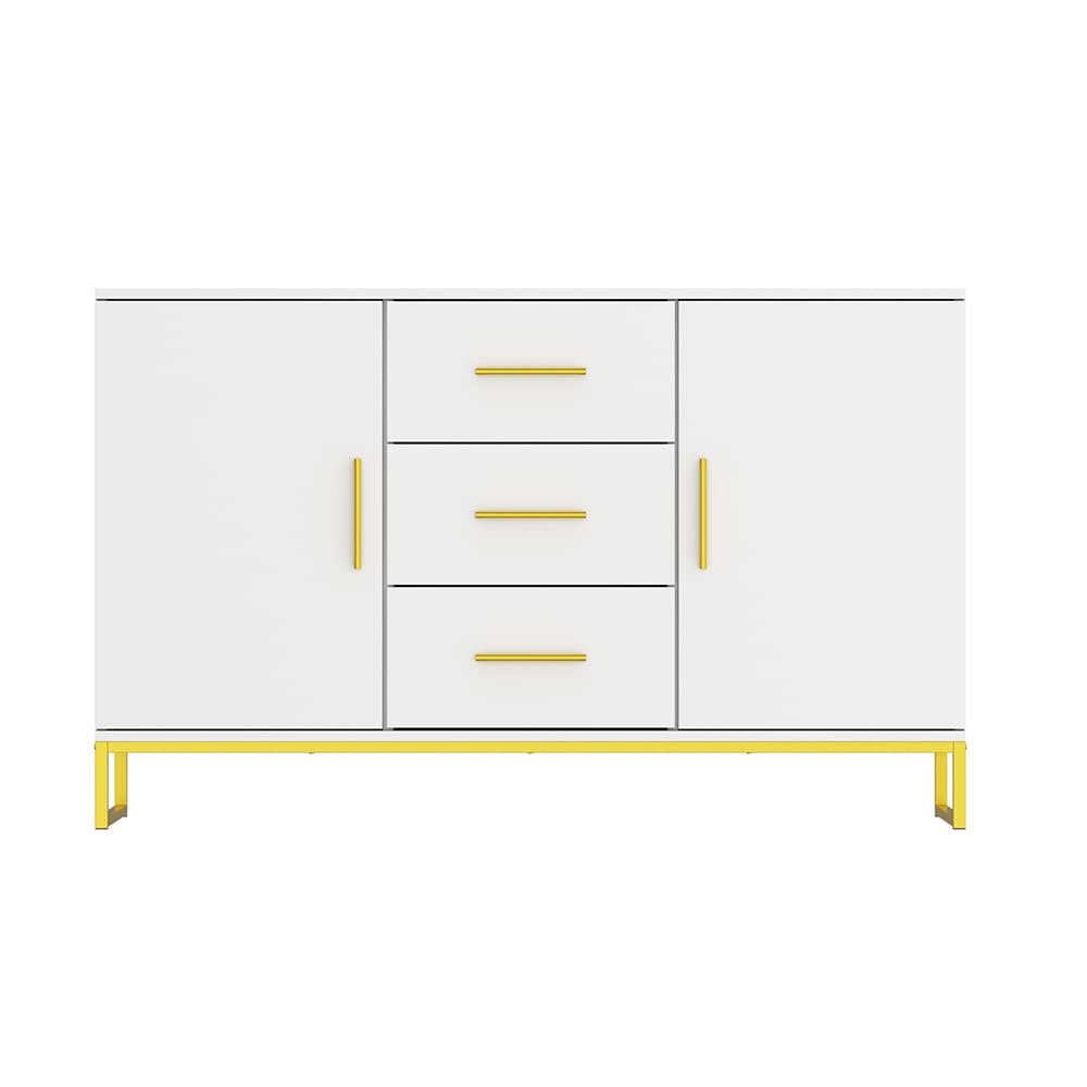 Homsee V-KF200163-01 White Sideboard with Two Doors and Three Drawers Gold Metal Legs and Handles Multi-Functional Storage Cabinet