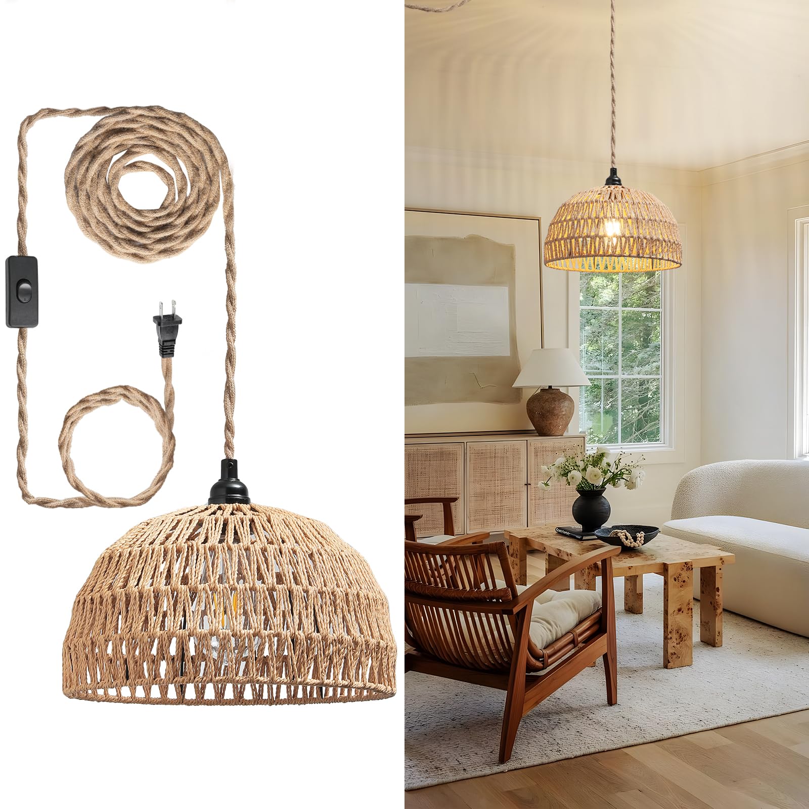 ITOPFOX  Rattan Hanging Lamp Boho Pendant Light Plug in Cord Hanging Rattan Light Fixture On Off Switch for Living Dinner Bedroom Kitchen E26