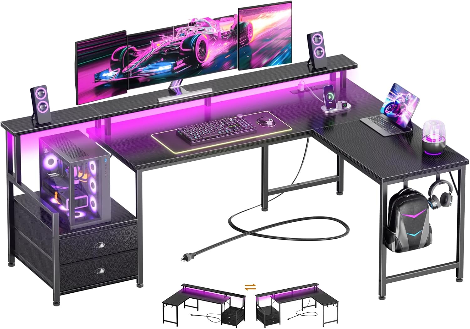 66 In L Shaped Computer Desk with Charging Station Reversible Gaming Desk LED Lights 2 Drawers Monitor Stand Storage Home Office