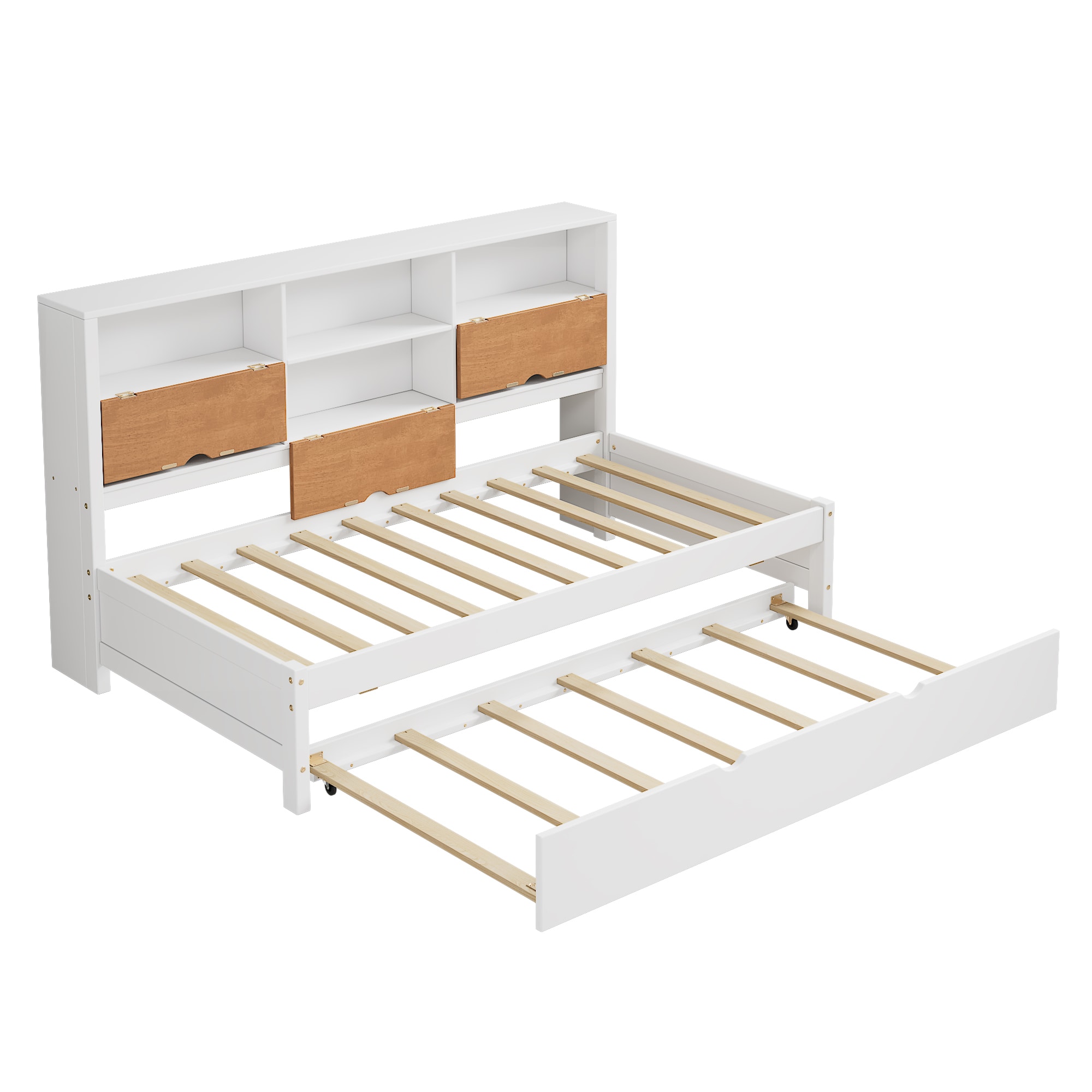 Kahomvis BEDB-QPN1-3AD White+Walnut Twin Wood Bed frame Bed