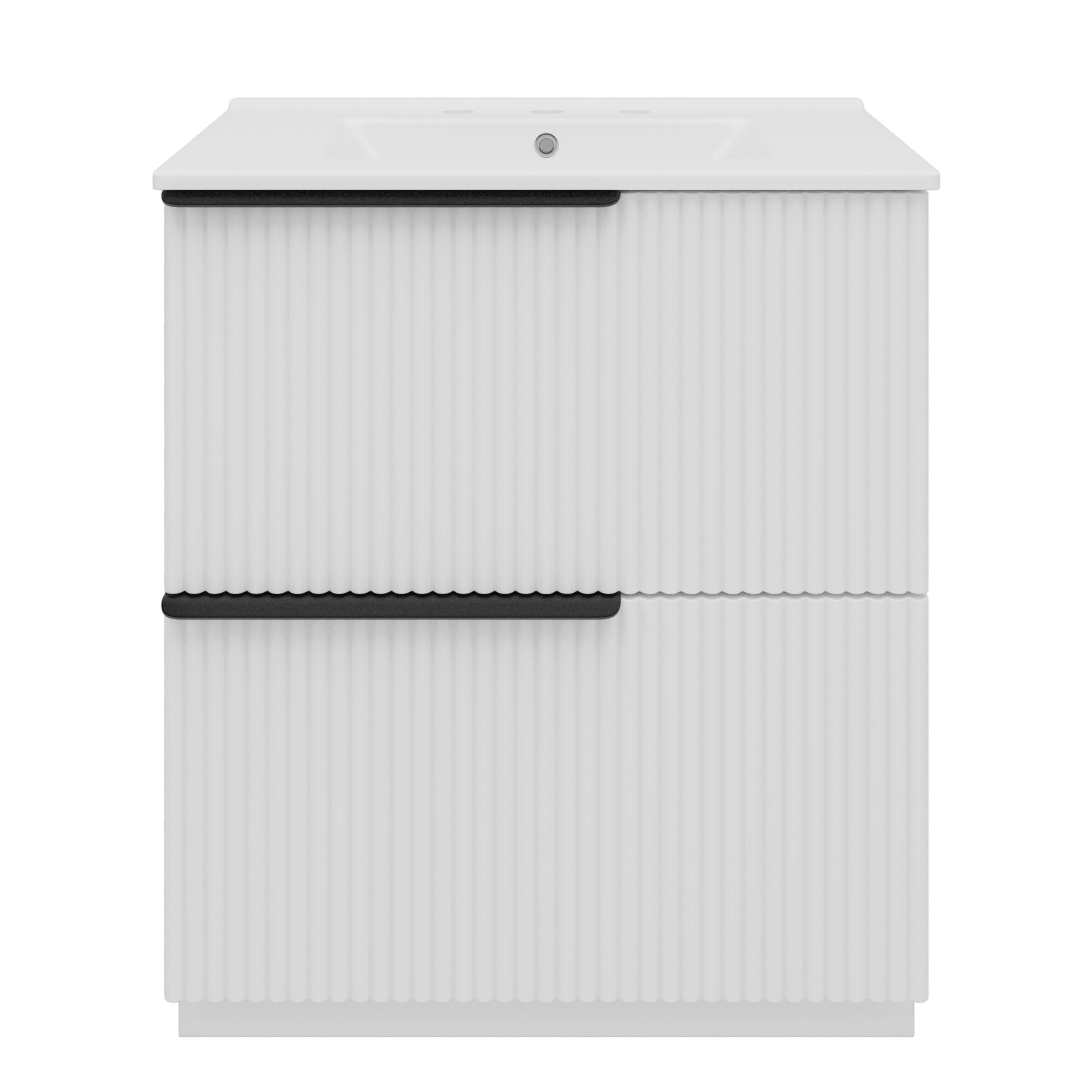 Vynxaria LEXY1424-DJYS-SZT194 30 Inch White Fluted Bathroom Vanity with Ceramic Sink One Complete Unit Solid Wood Cabinet Two Full Extension Soft Close Drawers 17 Inch