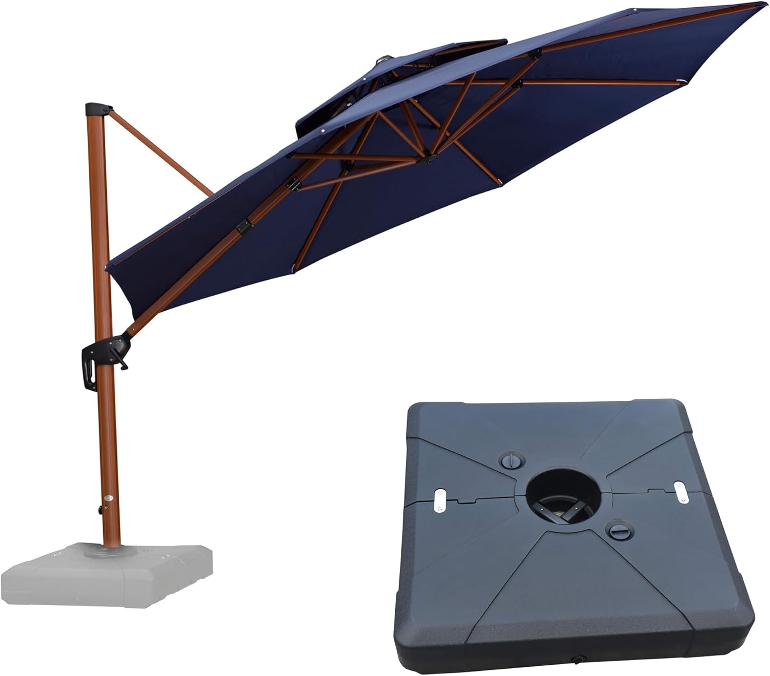 PURPLE LEAF LSGLRRM12-NBWB 12-ft Aluminum Navy Crank Cantilever Patio Umbrella with Base