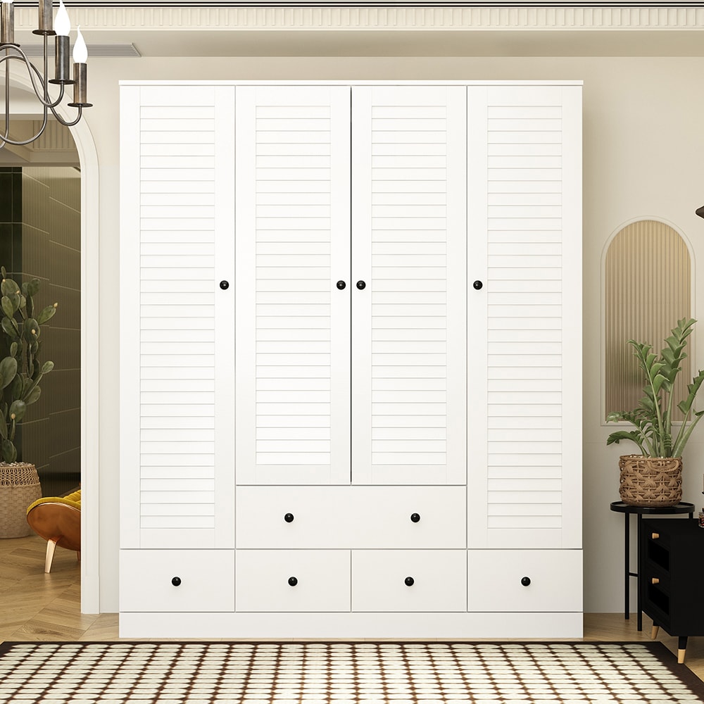  V-KF260068-01+02 Large 4 Louver Doors Wardrobe Armoire with Multi Tier Shelves 5 Drawers and Hanging Rods Wooden Closet Storage Cabinet 59.1''L x 19.1''W x 70.5''H White