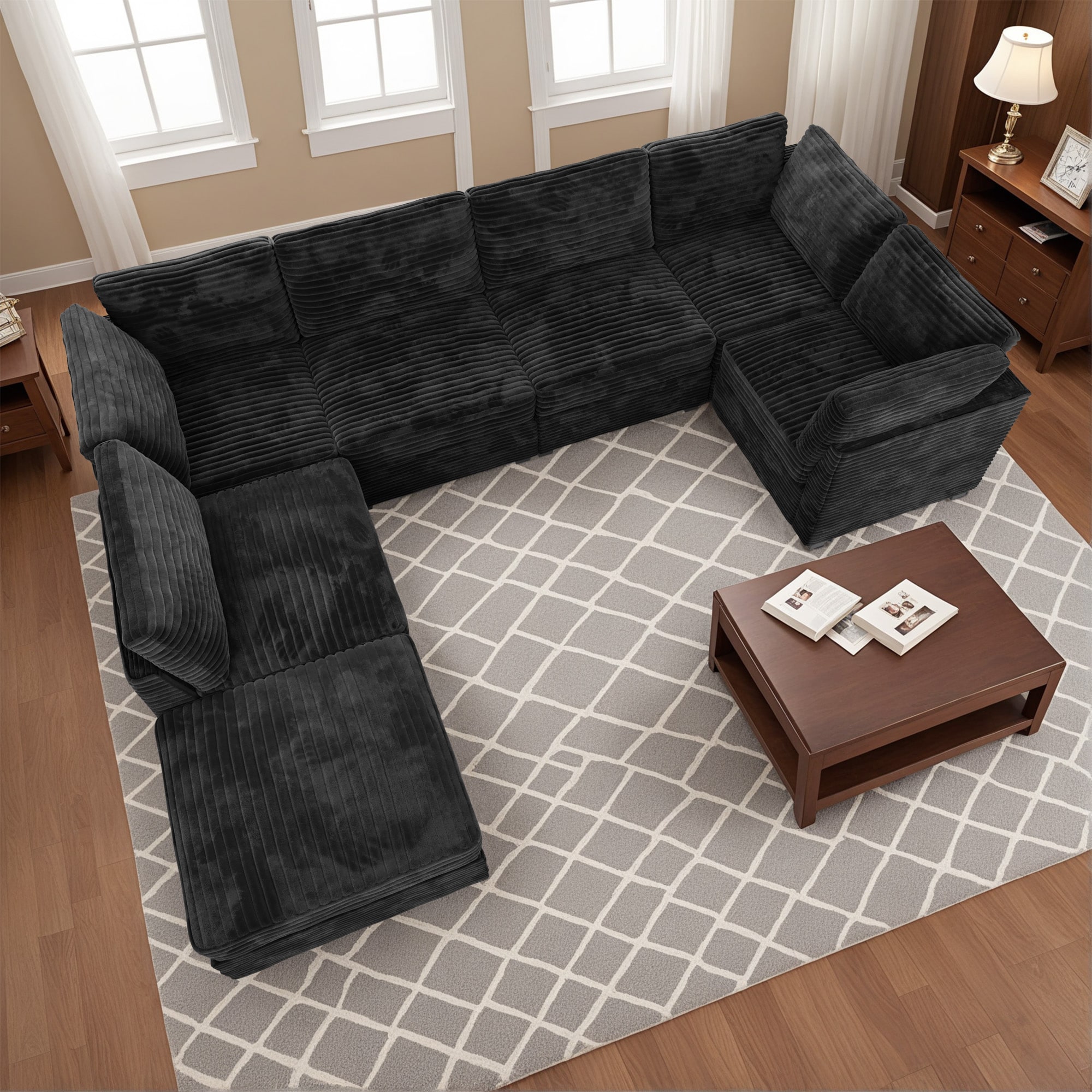 Caodoc L5-BYO707-4 131-in Modern Black 7-seaters U-shape sofa for Livingroom Reclining Sofa