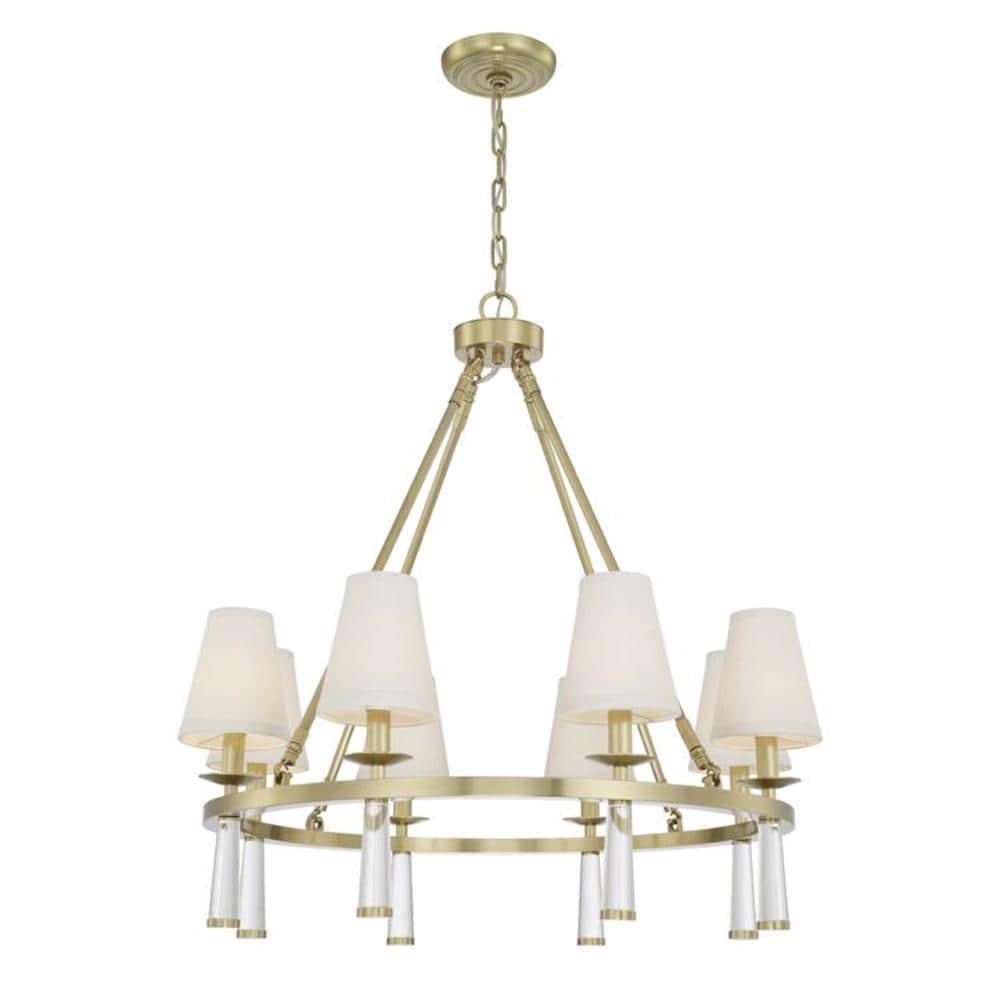 Elegant Aged Brass and Crystal 8-Light Chandelier with Silk Shade