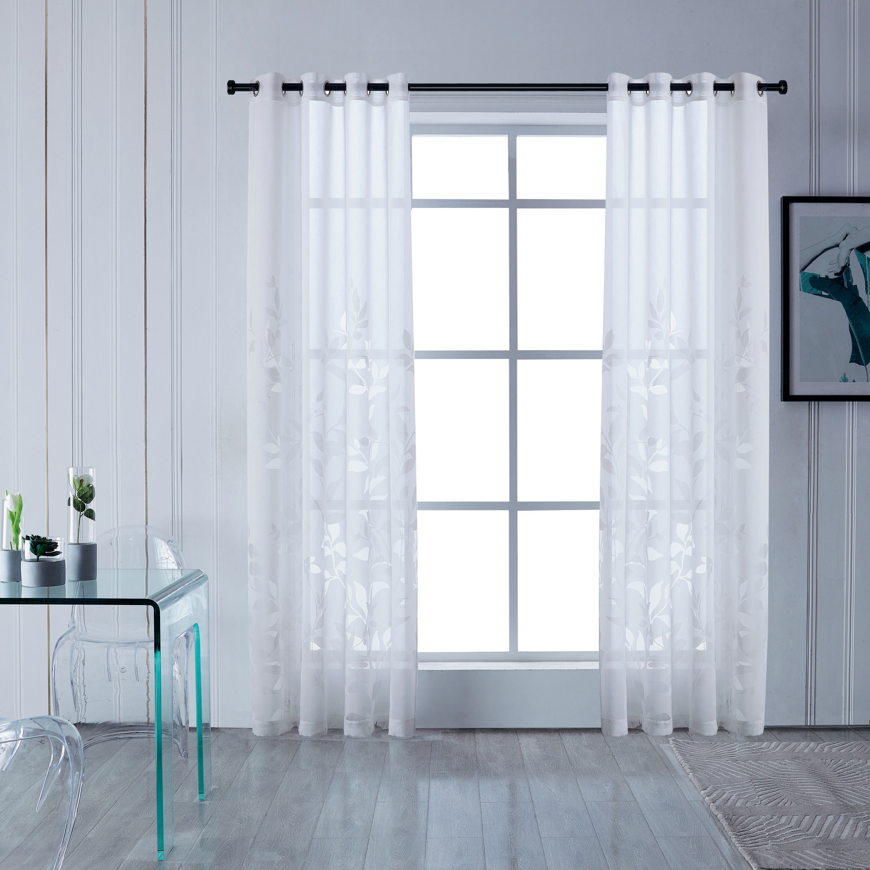  MADISON-95-W 95-Inches White Floral Sheer Grommet Single curtain panel