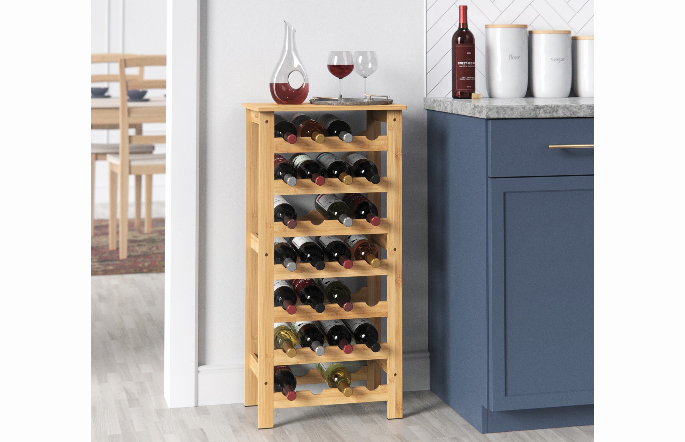 Natural Bamboo 28-Bottle Wine Rack with Top Shelf
