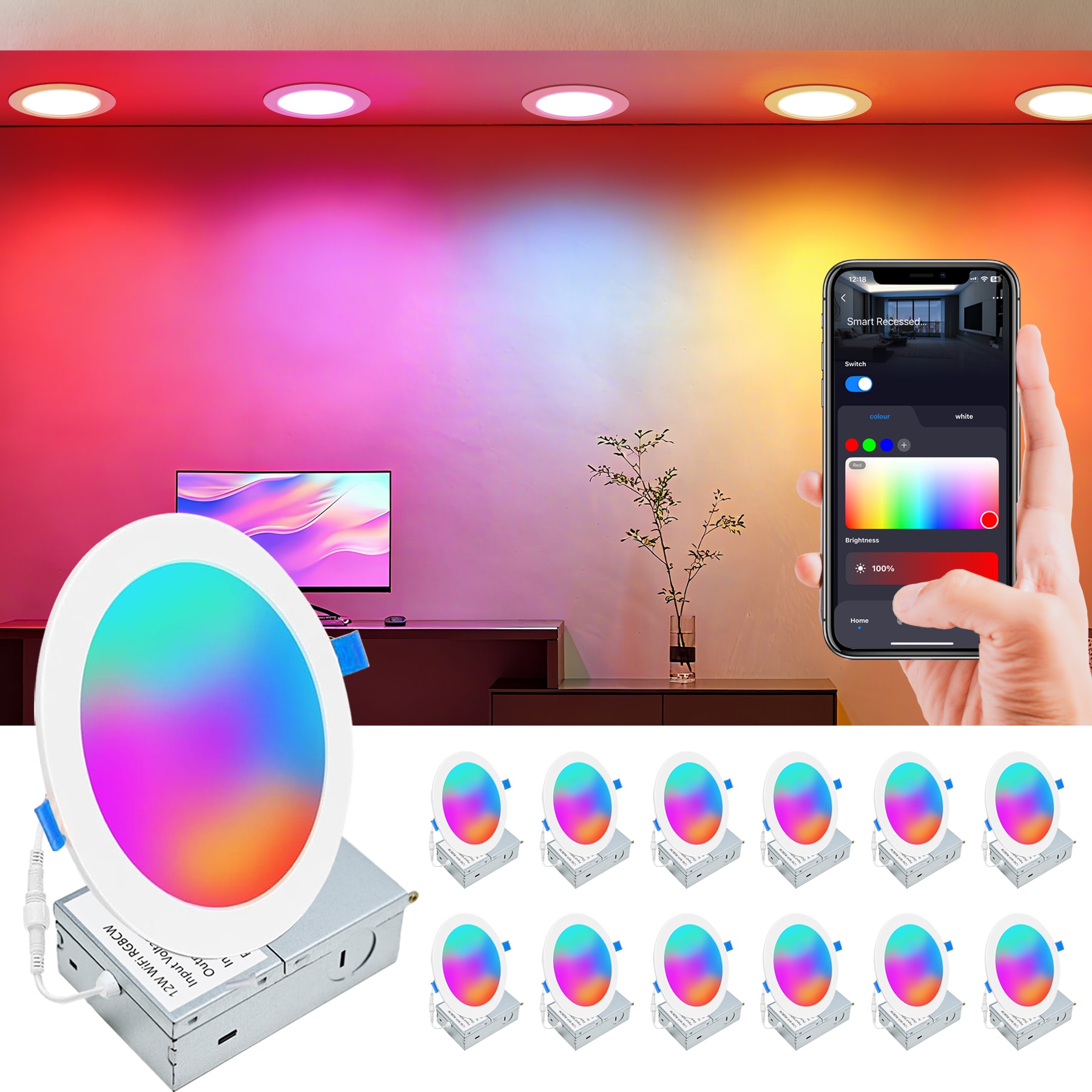 Bieuoram 12 Pack 6 Inch Smart Wifi LED Recessed Lighting RGBCW Color Changing Downlight Dimmable by Bluetooth Control 110-130V 1320 Lumens 12W