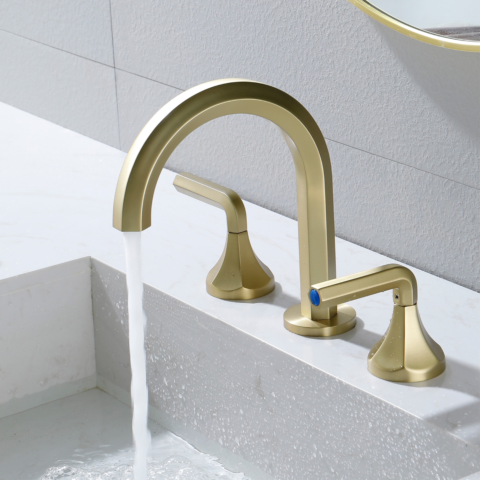 Dimakai - 3 Hole Brushed Gold Bathroom Faucet with Hexagonal Design and Quick Connect Installatio...